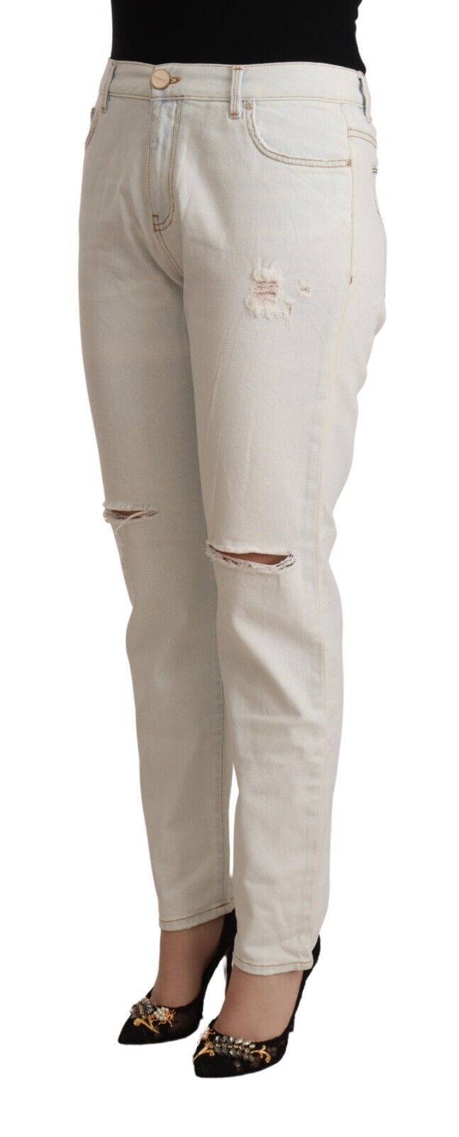White Cotton Distressed Mid Waist Skinny Denim Jeans - ventzia