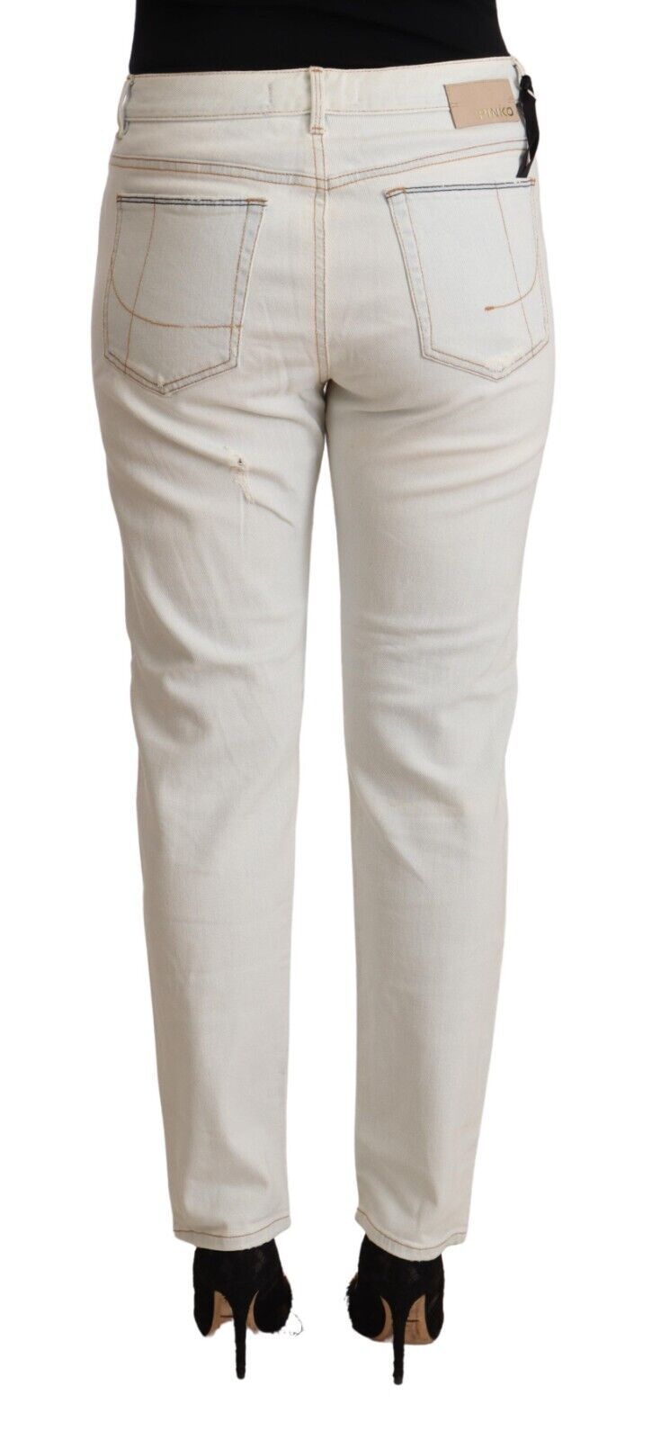 White Cotton Distressed Mid Waist Skinny Denim Jeans - ventzia