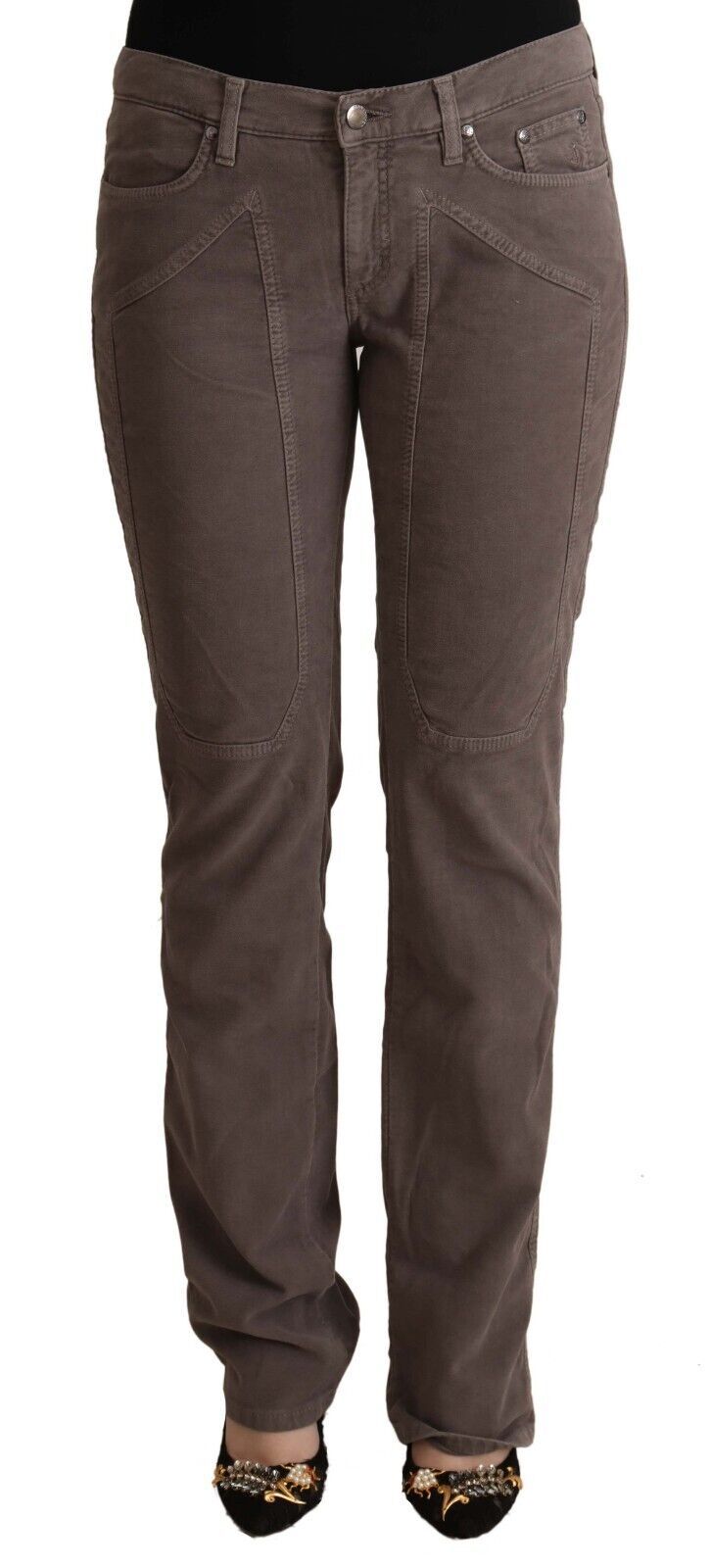 Brown Cotton Low Waist Iconic Patches Leg Denim Jeans - ventzia