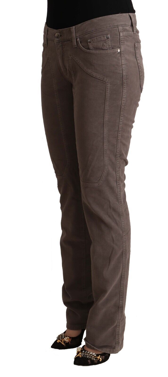 Brown Cotton Low Waist Iconic Patches Leg Denim Jeans - ventzia