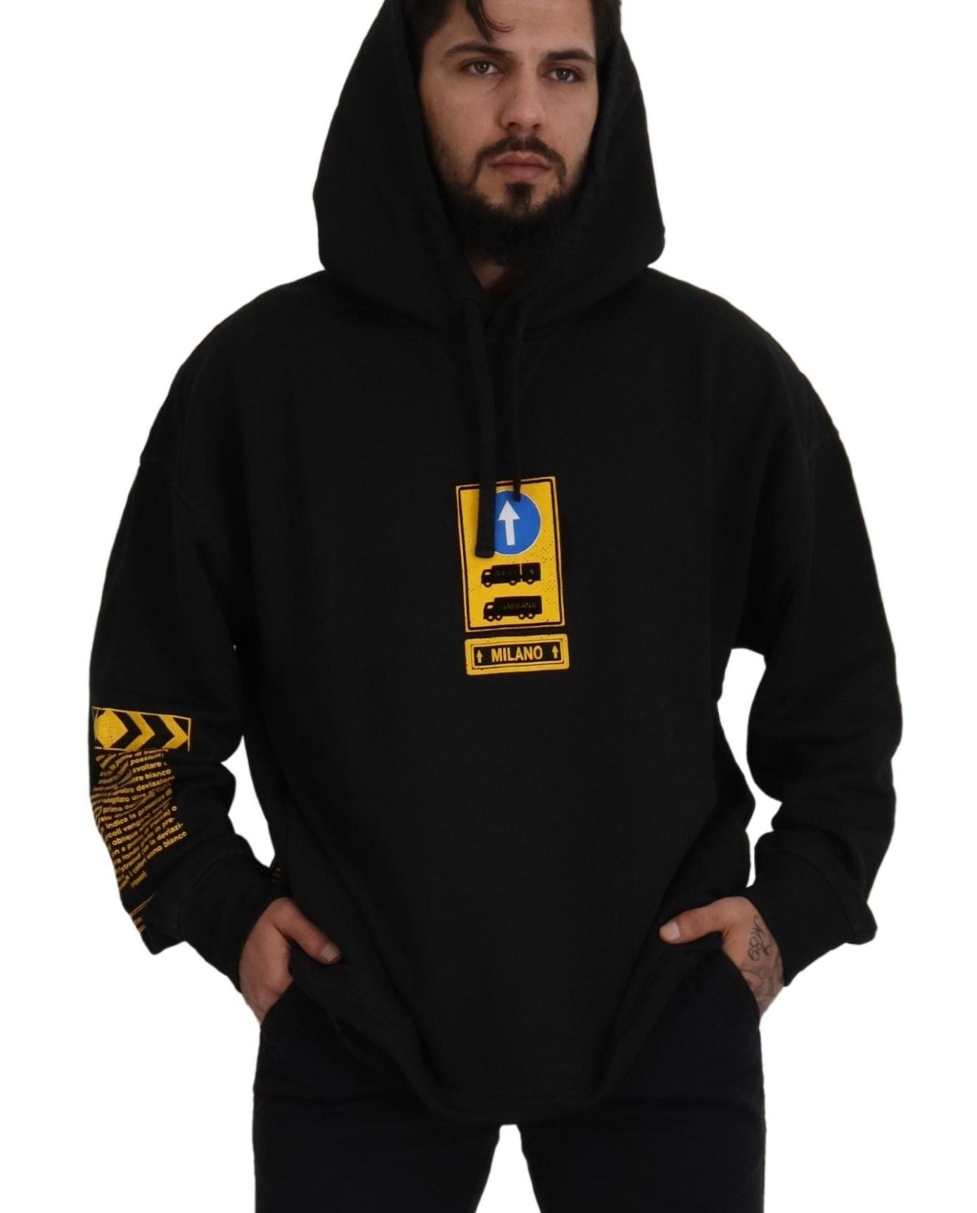 Black Cotton Hooded DG Shield Pullover Sweater - ventzia