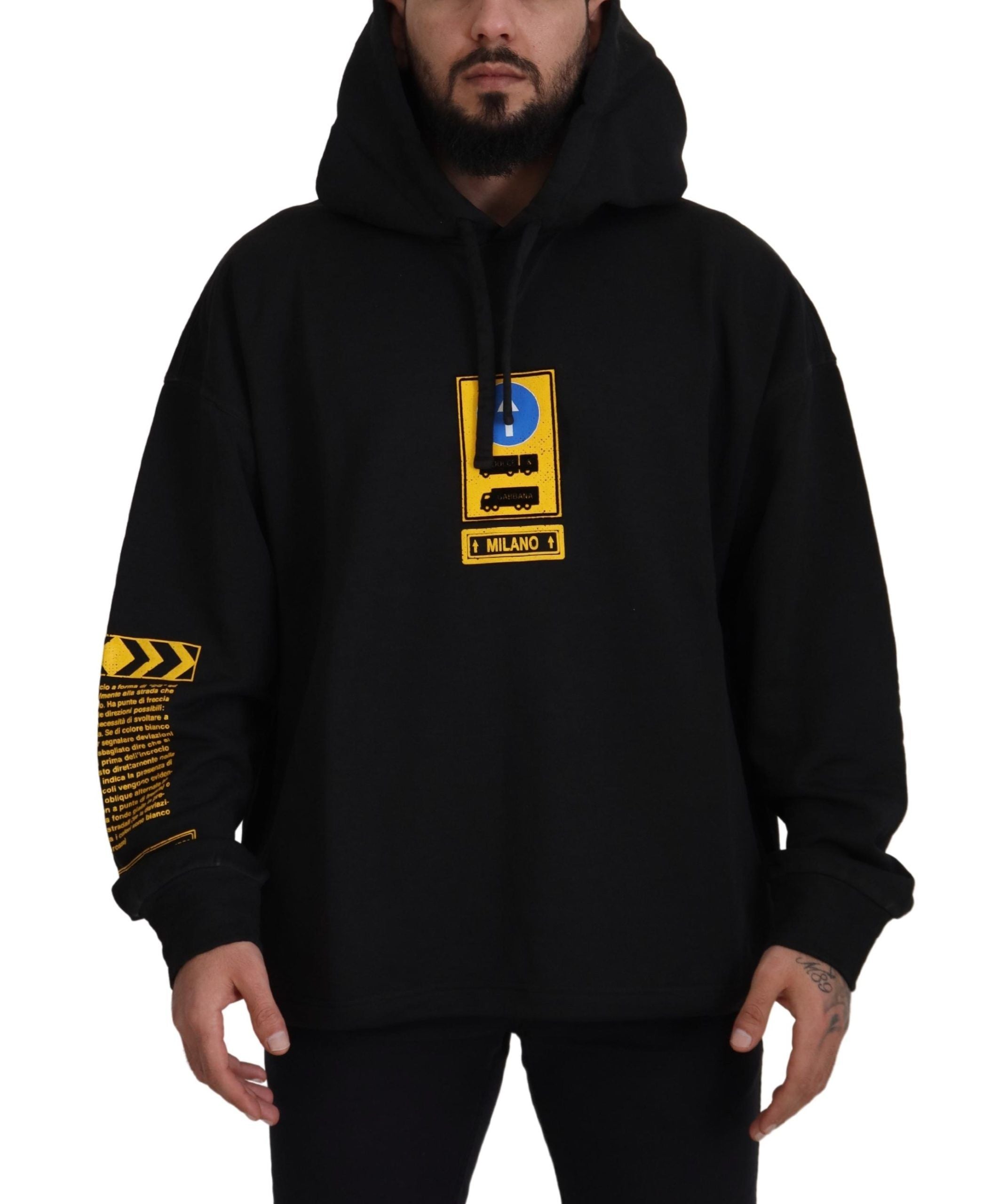 Black Cotton Hooded DG Shield Pullover Sweater - ventzia