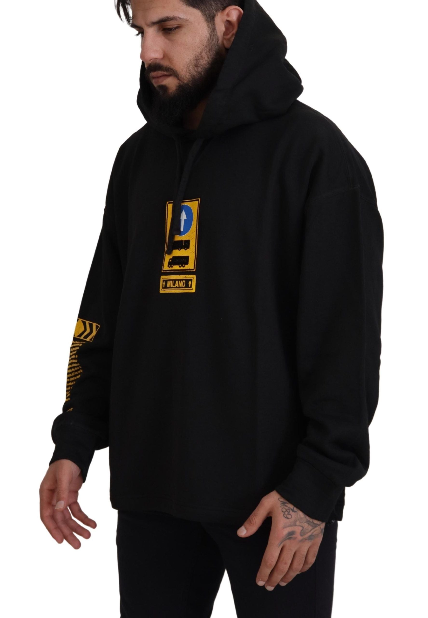 Black Cotton Hooded DG Shield Pullover Sweater - ventzia