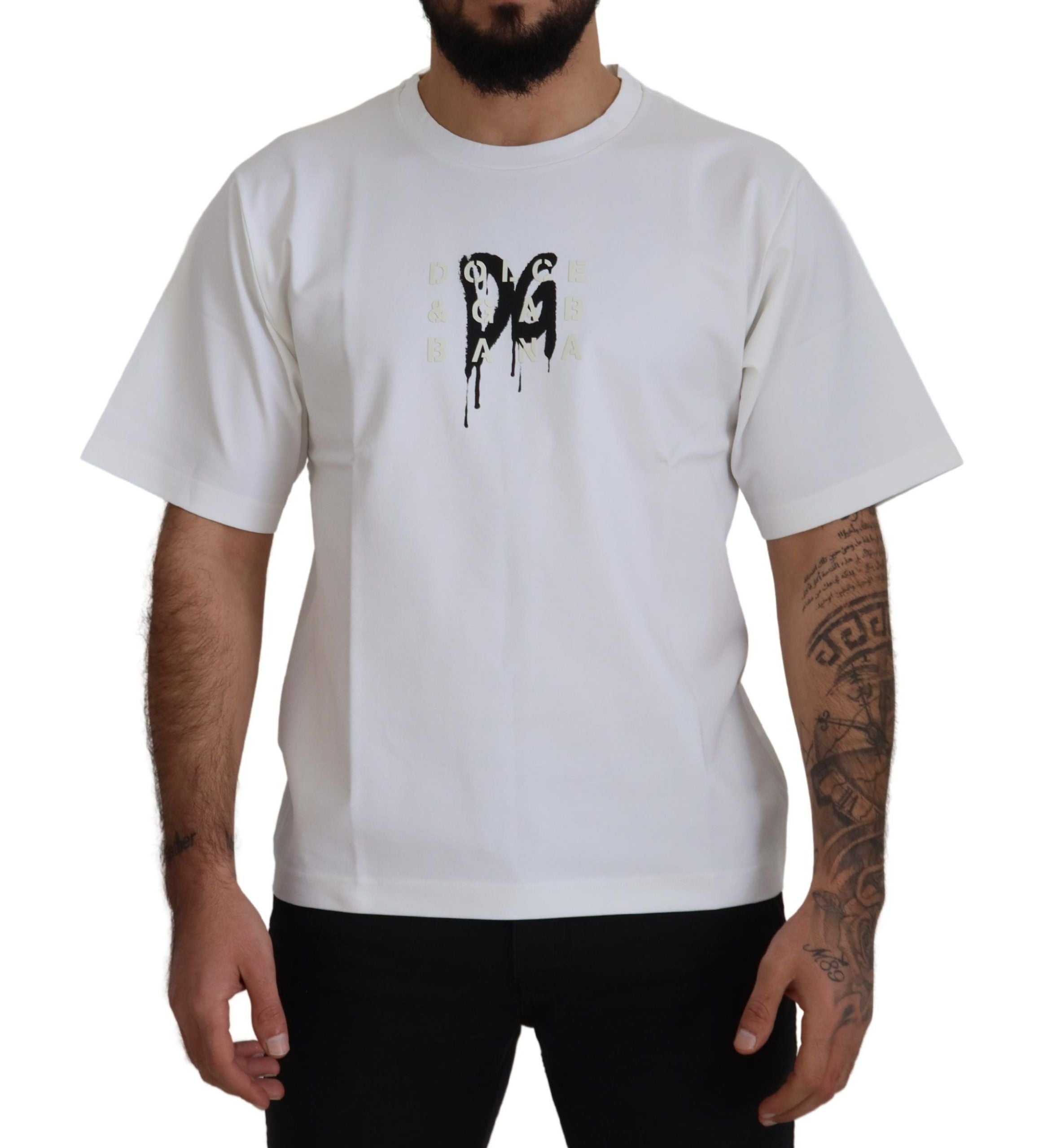 White Logo Print Cotton Crewneck T-shirt - ventzia
