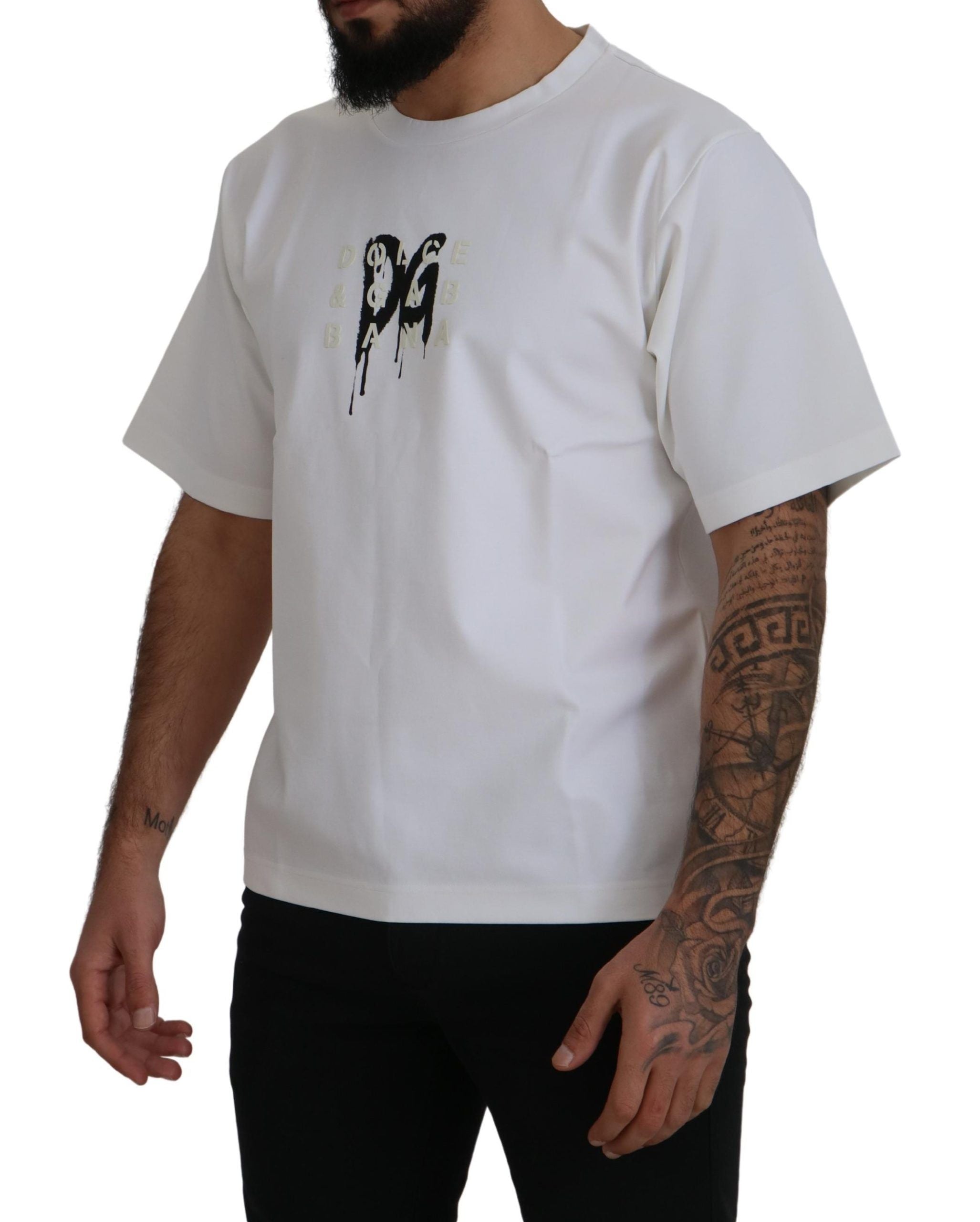 White Logo Print Cotton Crewneck T-shirt - ventzia