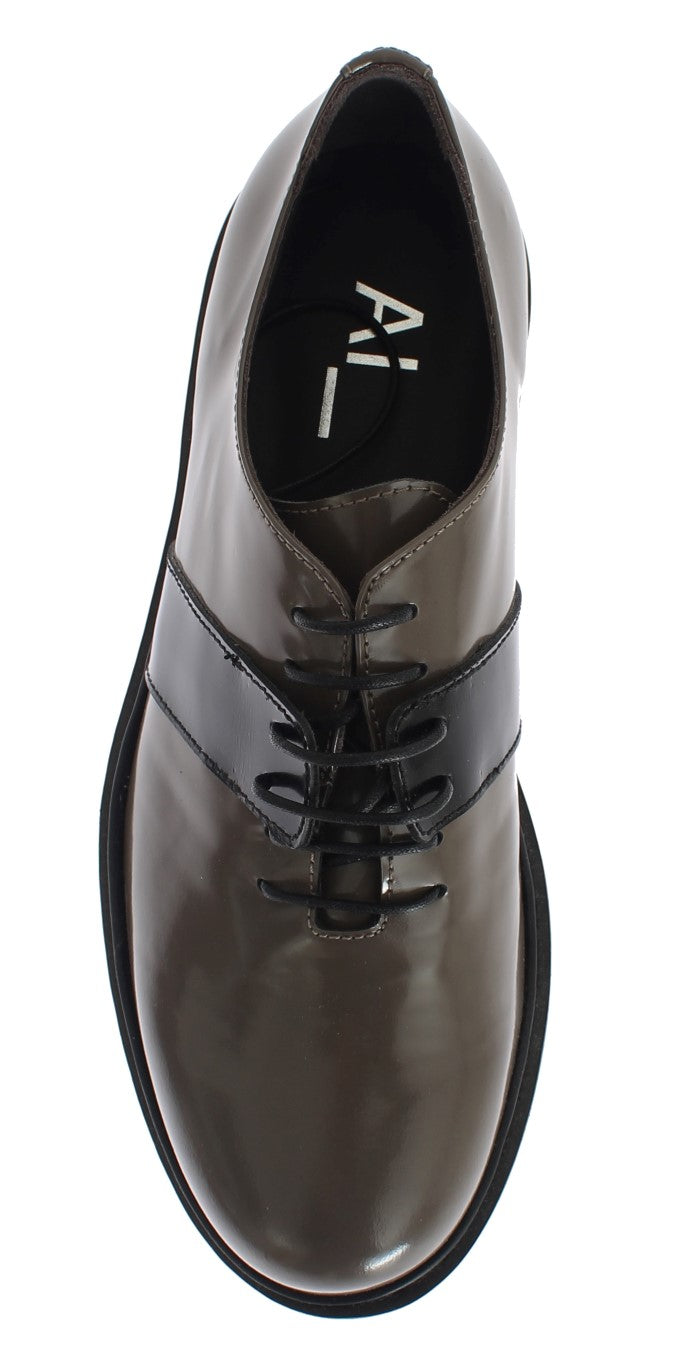 Gray Brown Leather Laceups Shoes - ventzia