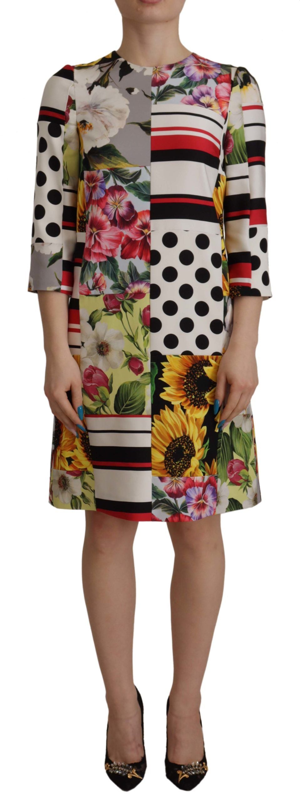 Multicolor Charmeuse Floral Sheath Jaquard Pachwork Dress - ventzia
