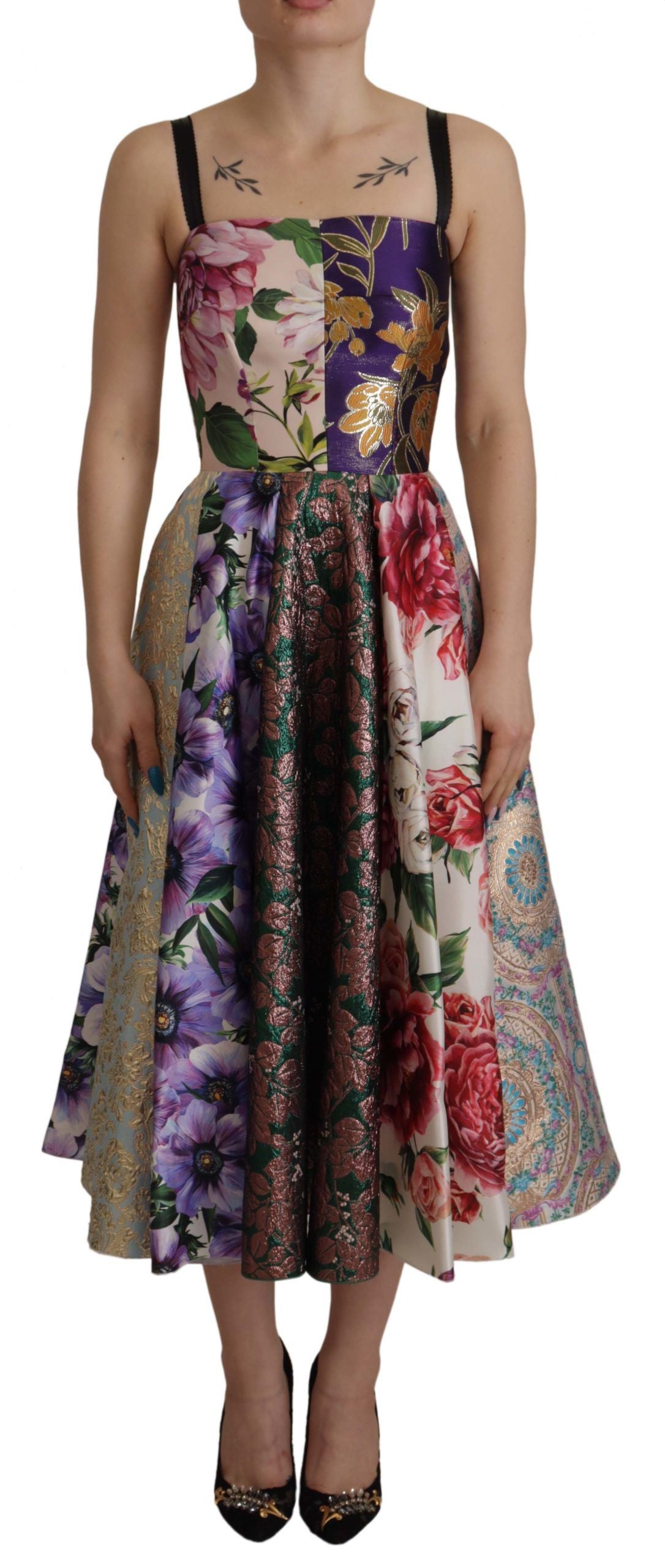 Dress Midi Patchwork Floral Jaquard Silk - ventzia