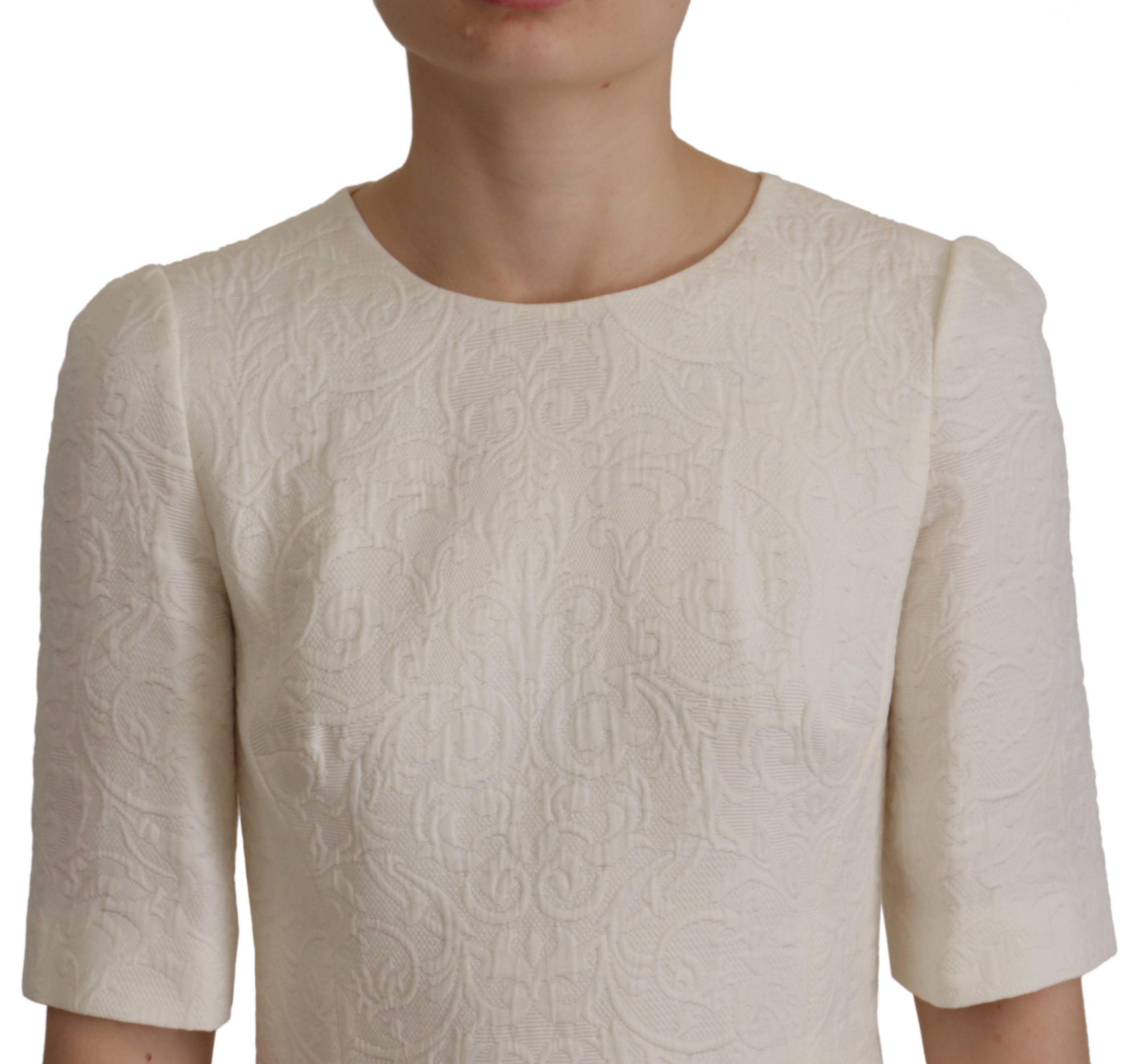White Jaquard Midi Floral Sheath Brocade Dress - ventzia