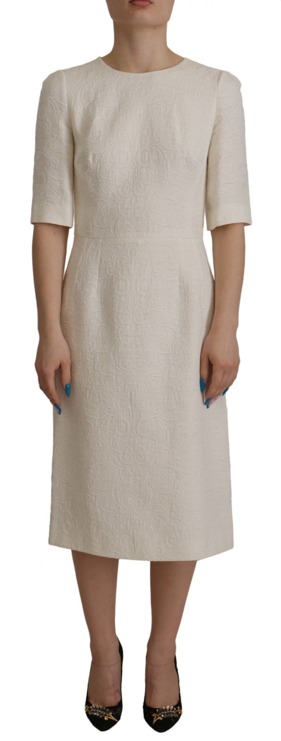 White Jaquard Midi Floral Sheath Brocade Dress - ventzia