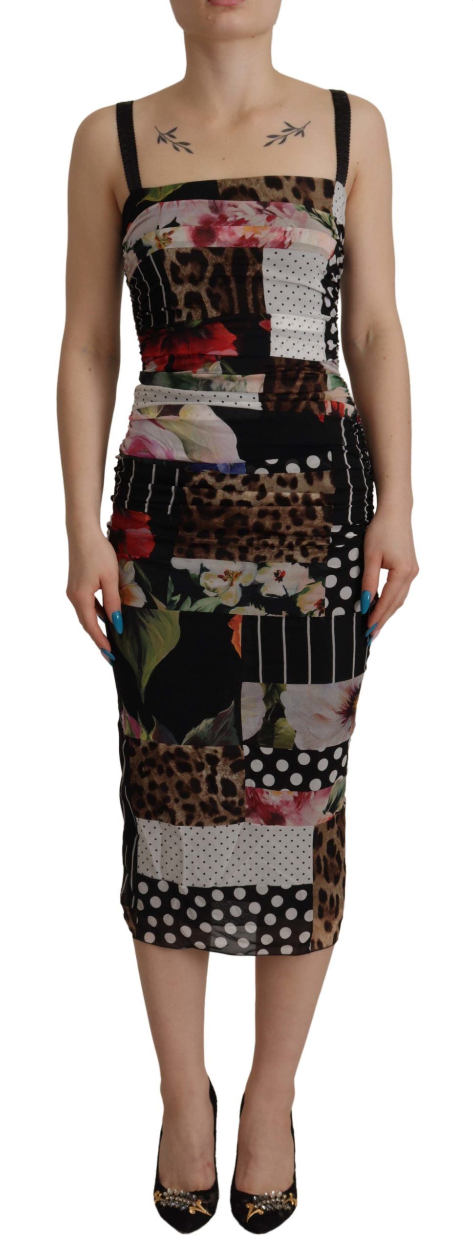 Multicolor Pachwork Midi Floral Silk Leopard Bodycon Dress - ventzia