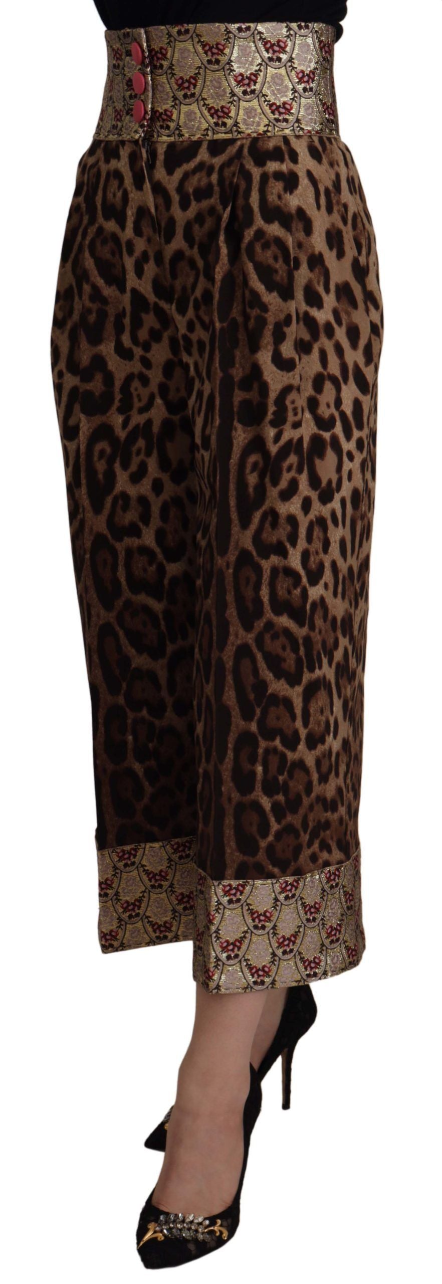 Brown Leopard Gold Jacquard High Waist Pants - ventzia