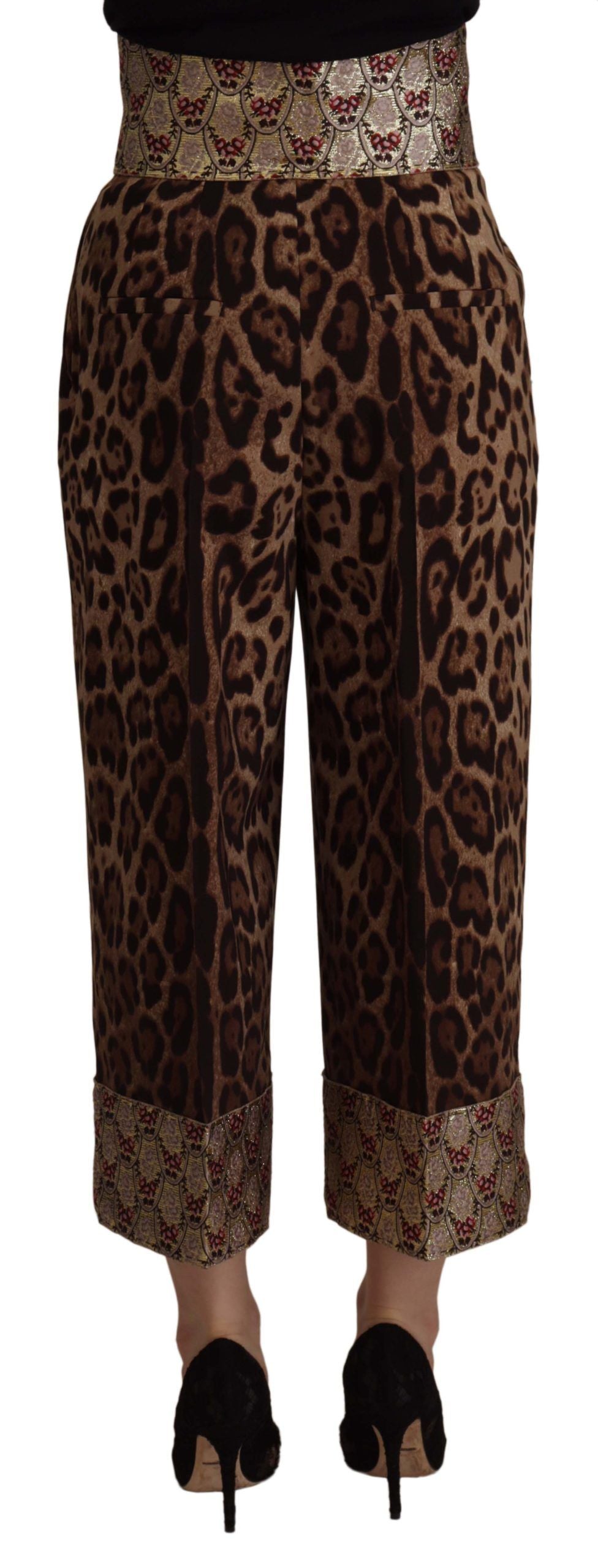 Brown Leopard Gold Jacquard High Waist Pants - ventzia