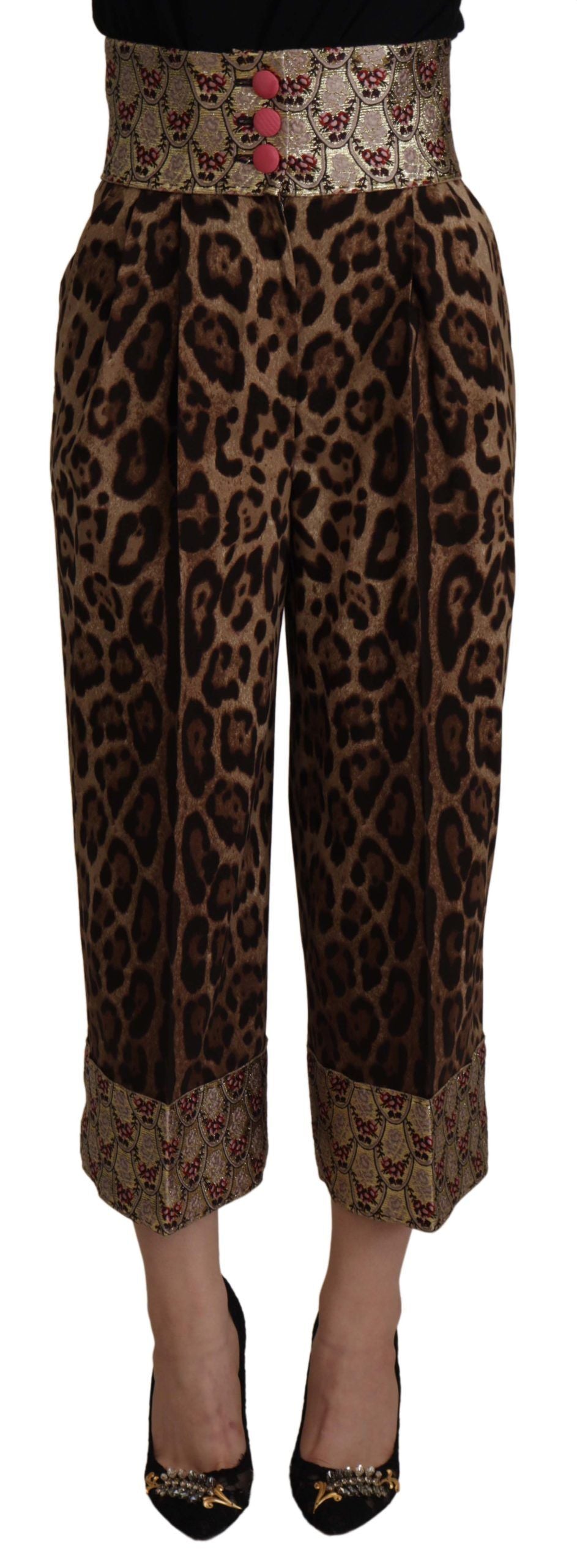 Brown Leopard Gold Jacquard High Waist Pants - ventzia