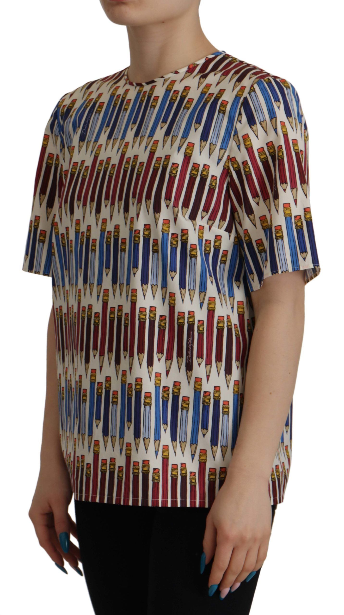 White Pencil Print Cotton T-shirt Blouse - ventzia