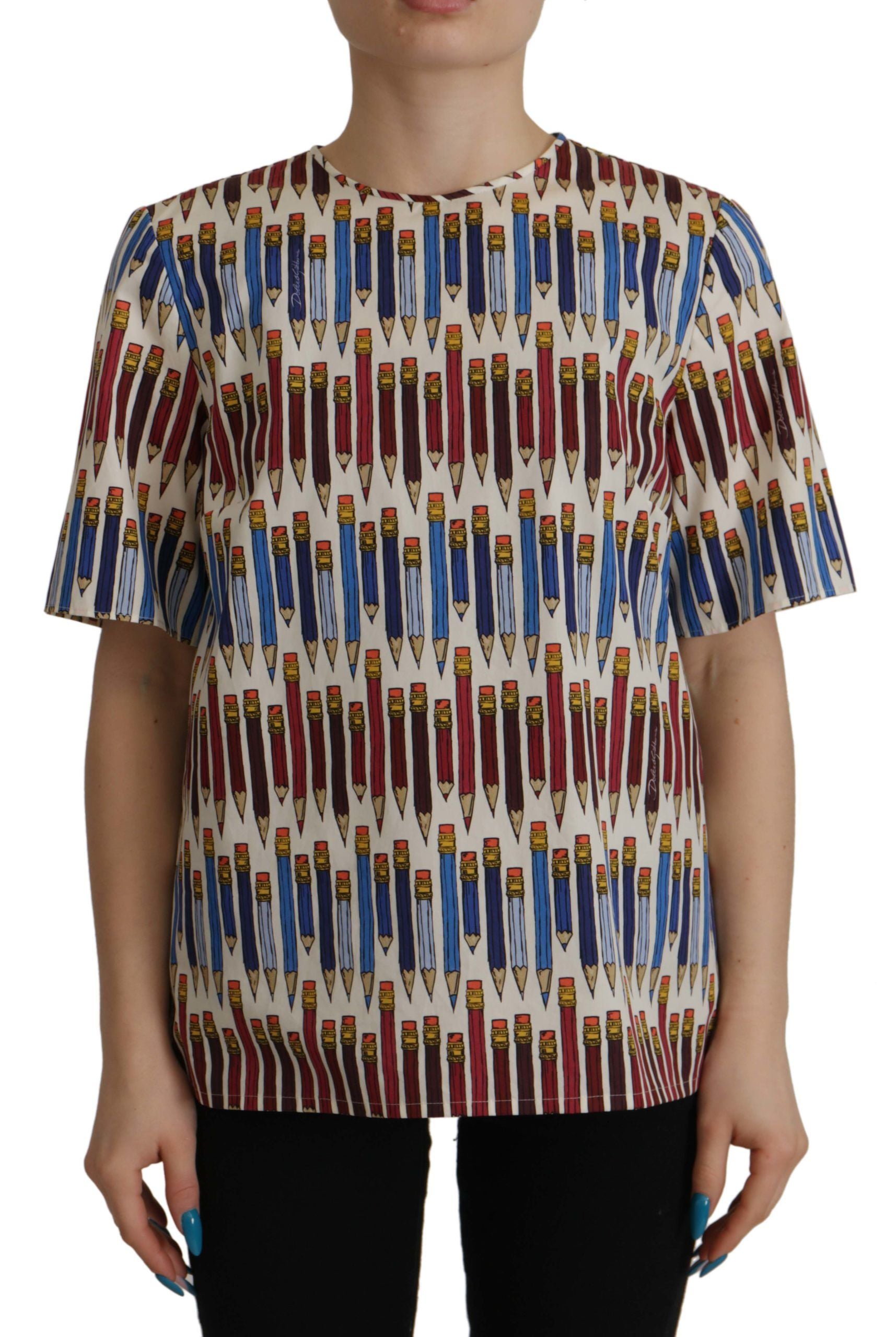 White Pencil Print Cotton T-shirt Blouse - ventzia