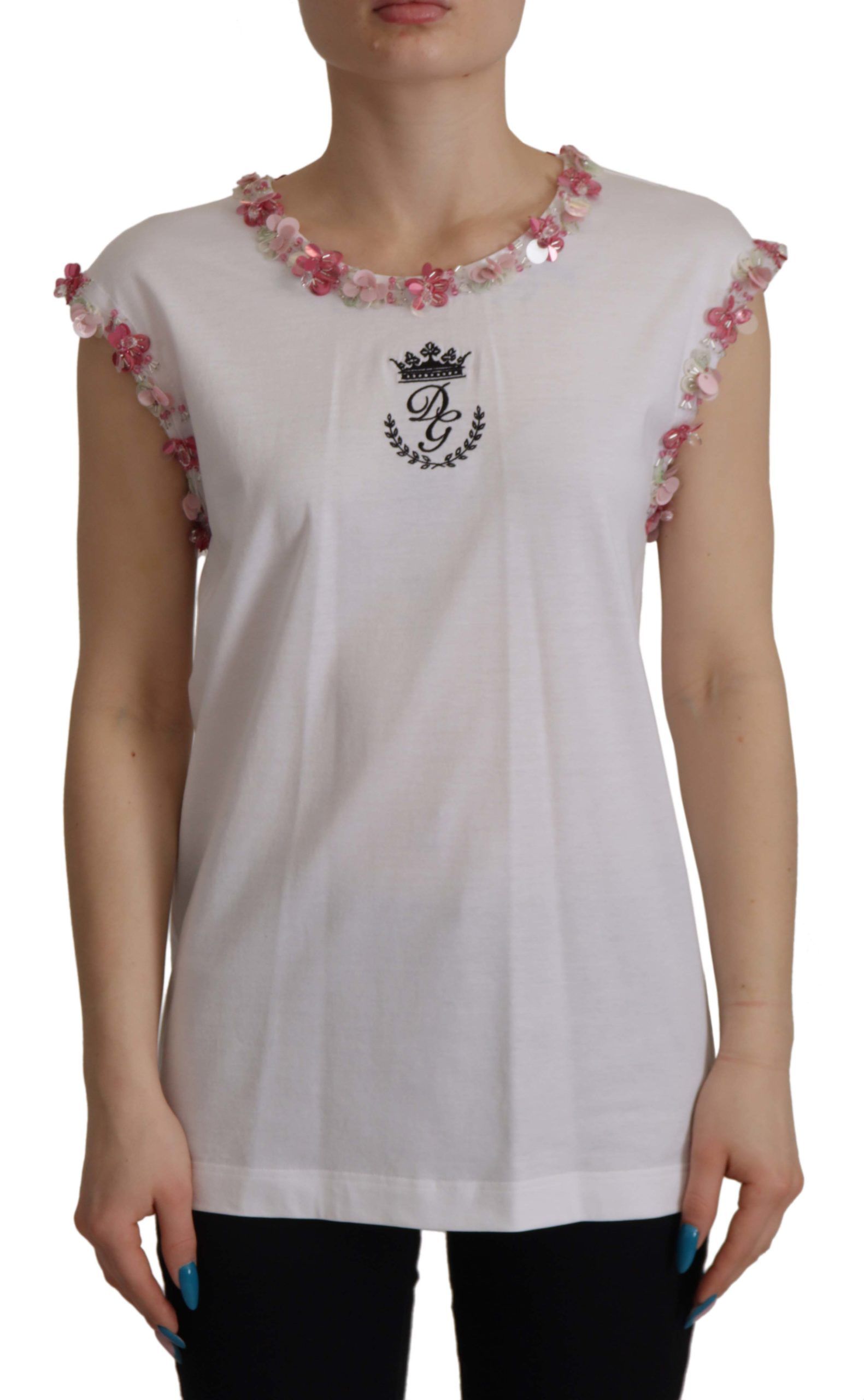 White DG Crown Floral Sequin T-shirt - ventzia