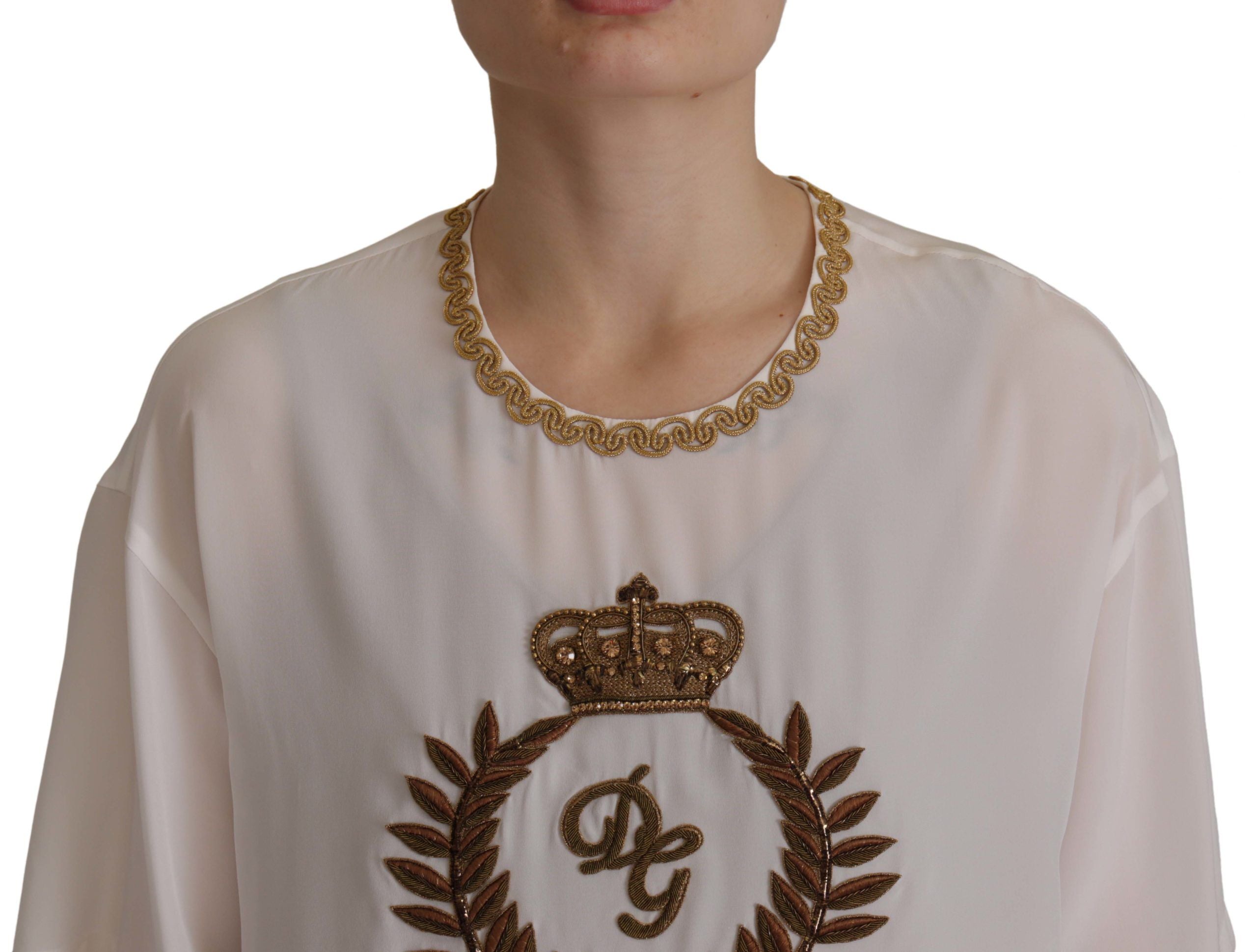 White Silk Gold DG Crown Crystal Blouse Top - ventzia