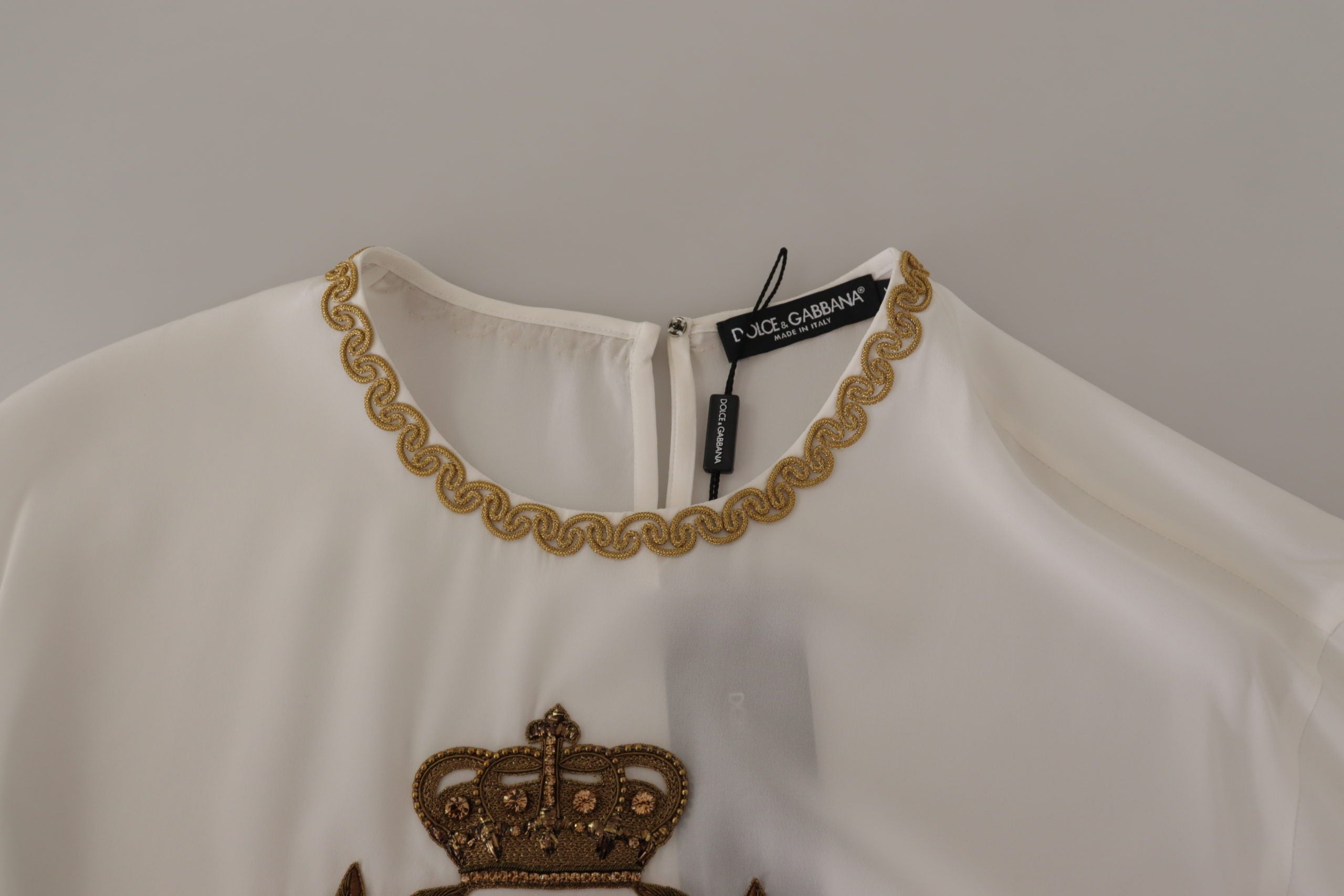 White Silk Gold DG Crown Crystal Blouse Top - ventzia