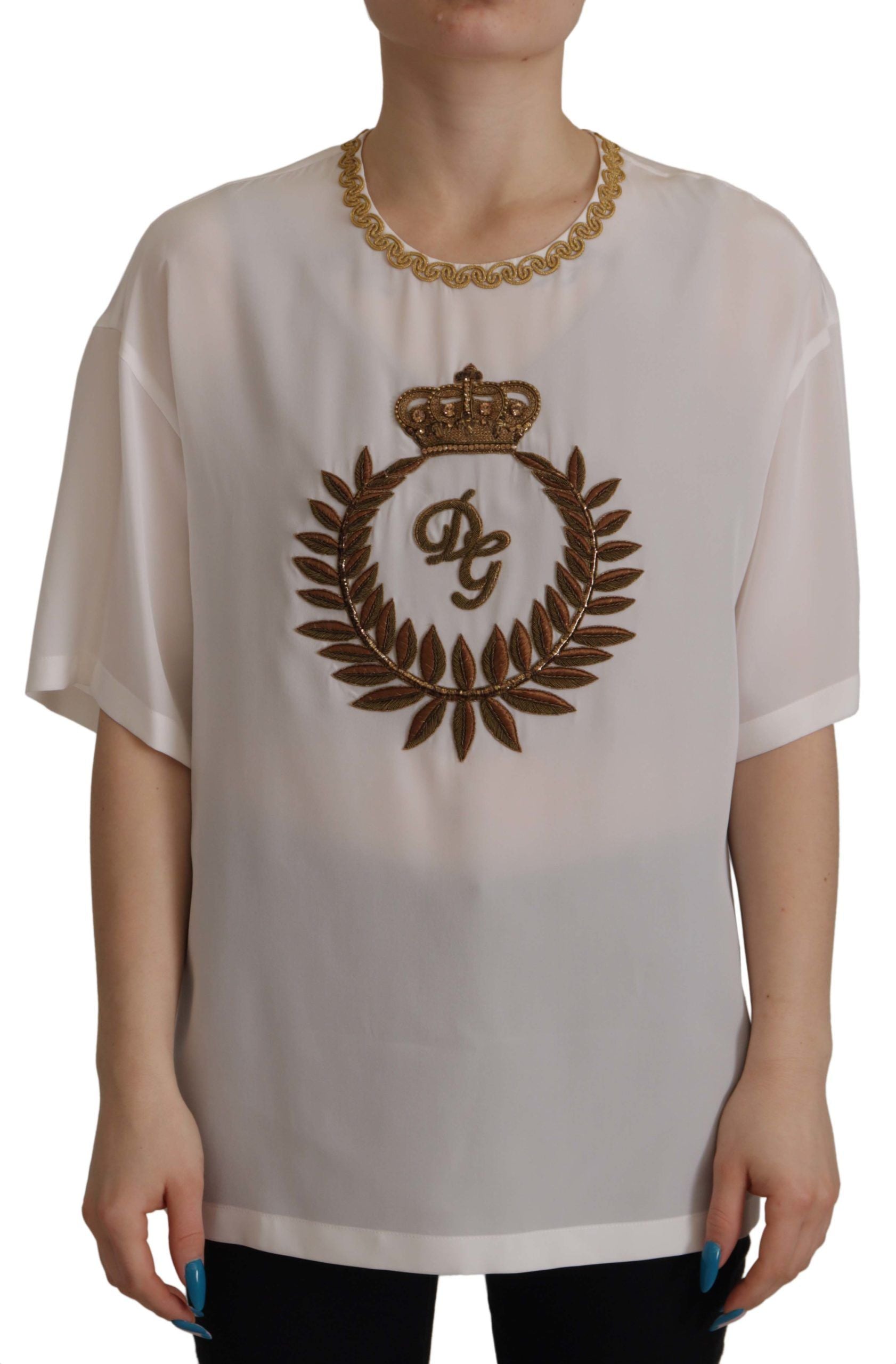 White Silk Gold DG Crown Crystal Blouse Top - ventzia