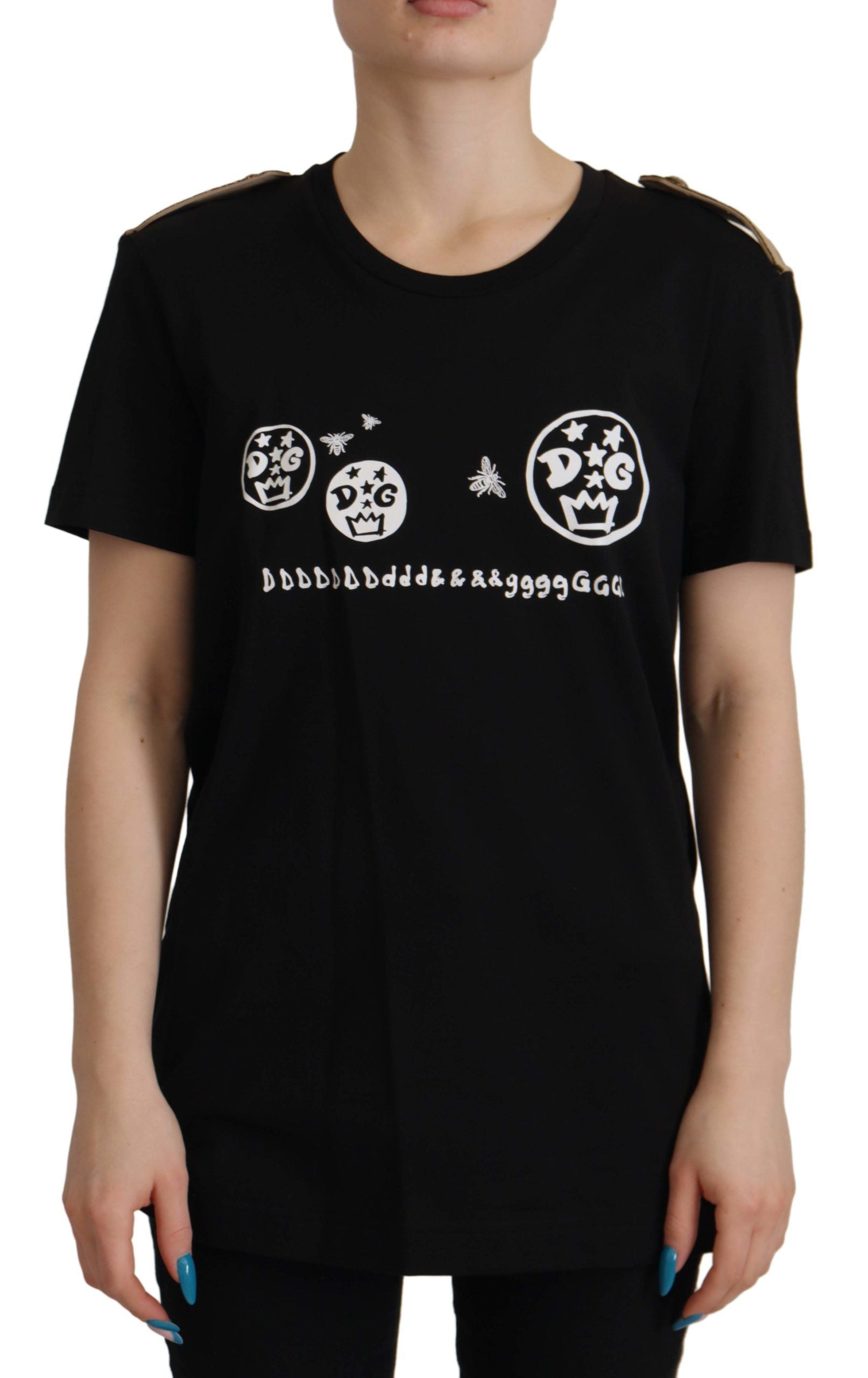 Black Logo Motive Crewneck Cotton T-shirt - ventzia