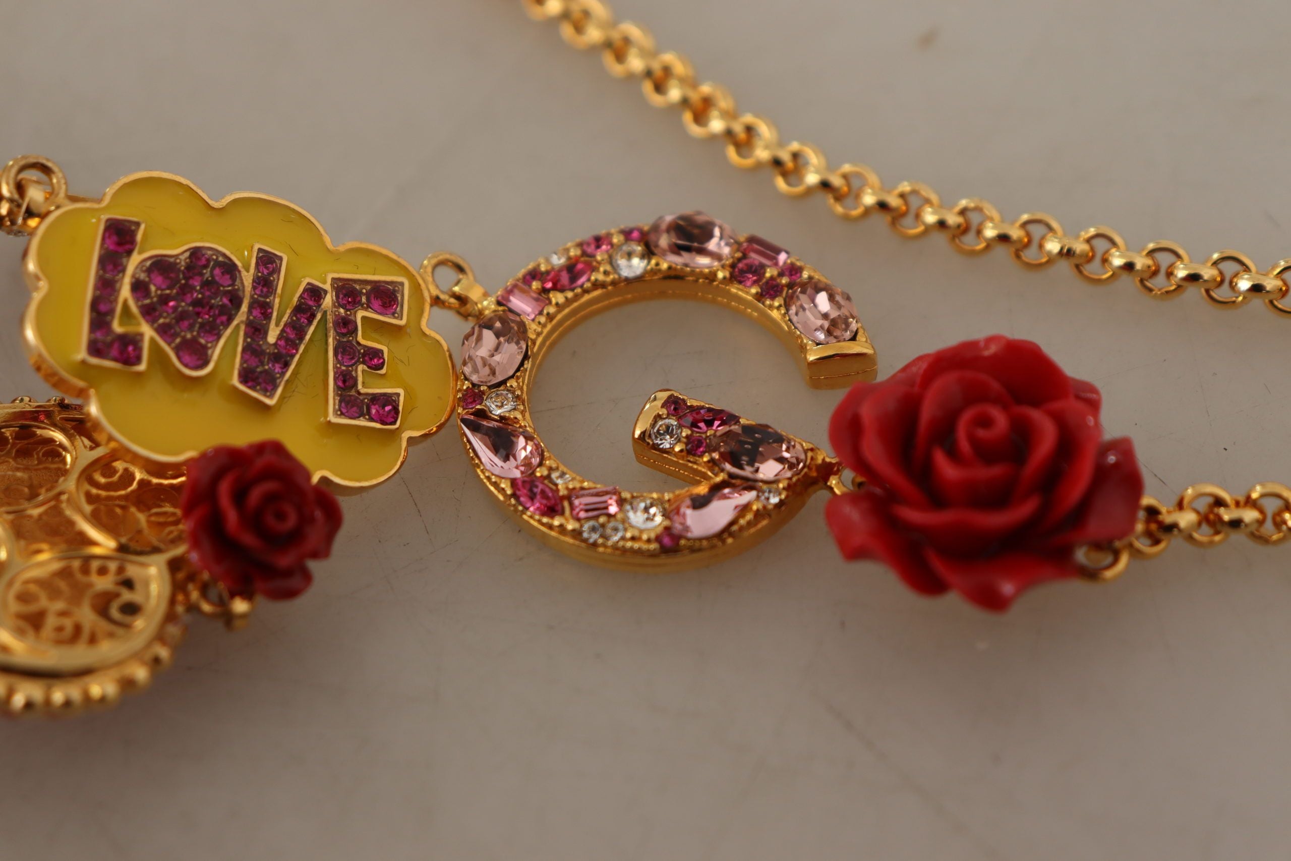 Gold Rose Love Crystal Charm Chain Necklace - ventzia