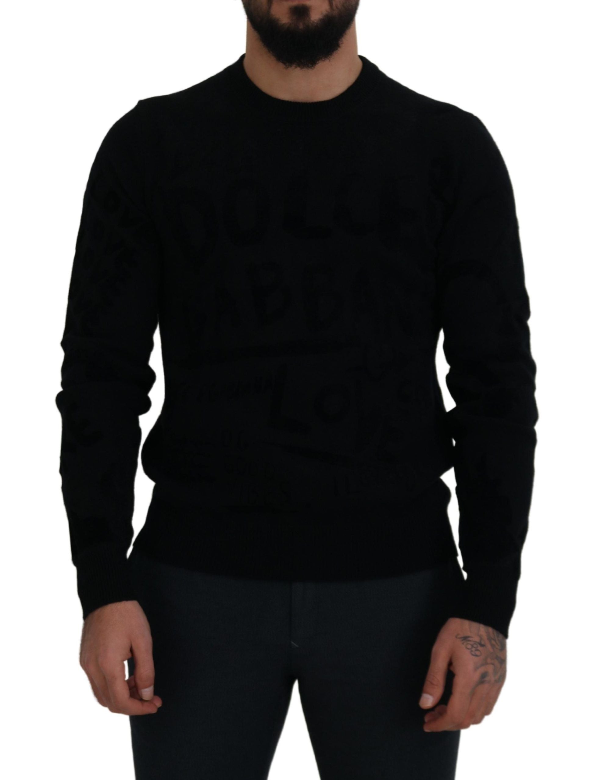Black Wool Logo Pattern Crewneck Pullover Sweater - ventzia