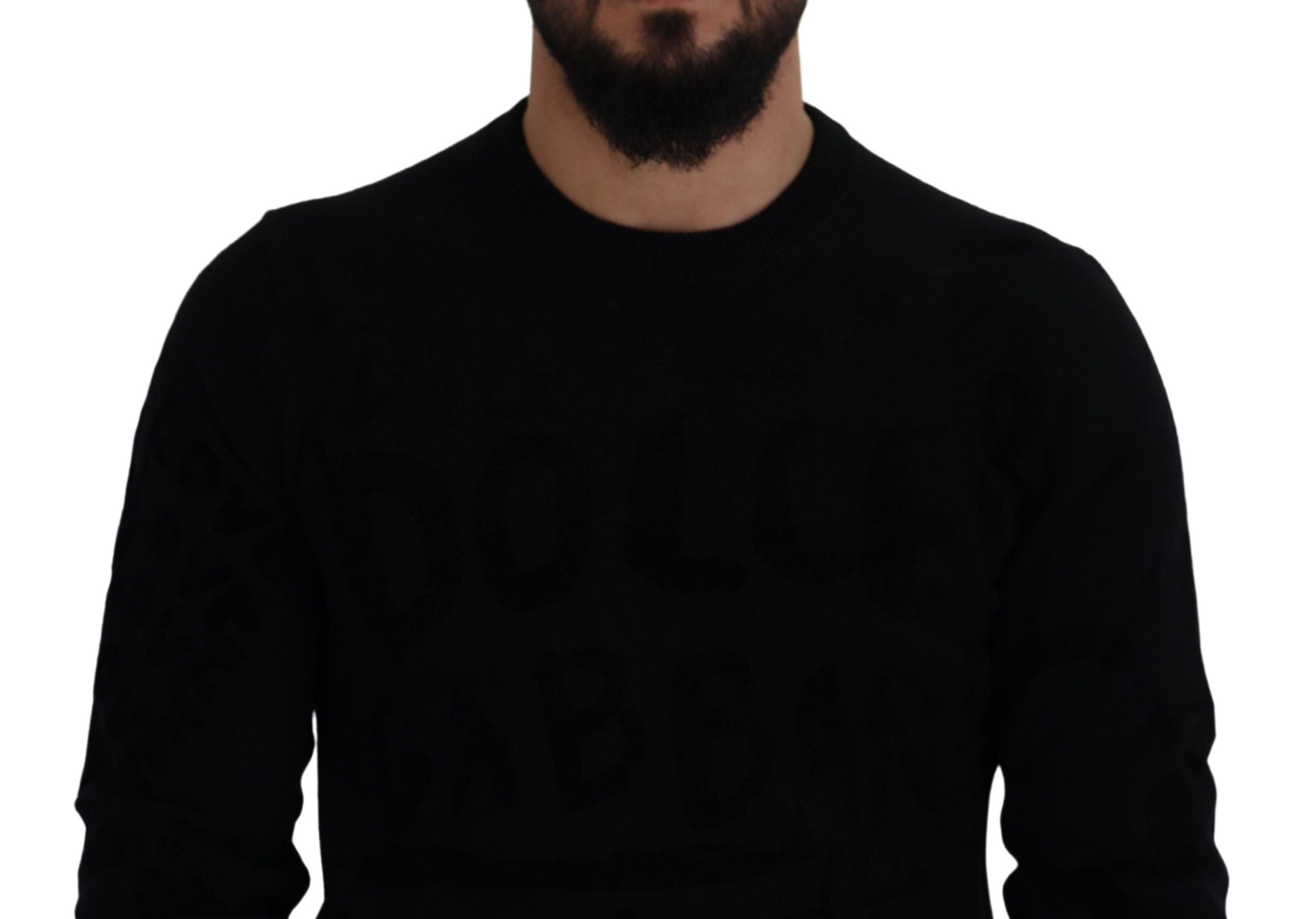 Black Wool Logo Pattern Crewneck Pullover Sweater - ventzia