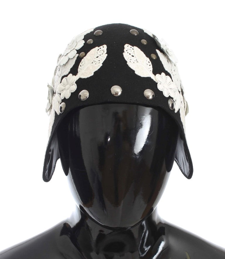 Elegant Black Floral Wool Cloche Hat - ventzia