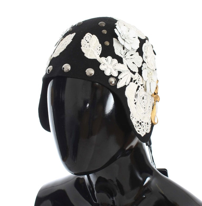 Elegant Black Floral Wool Cloche Hat - ventzia