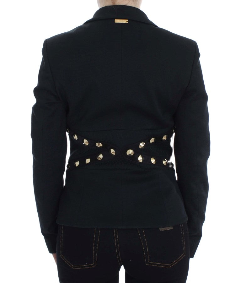 Chic Black Stretch Blazer with Gold Button Detail - ventzia