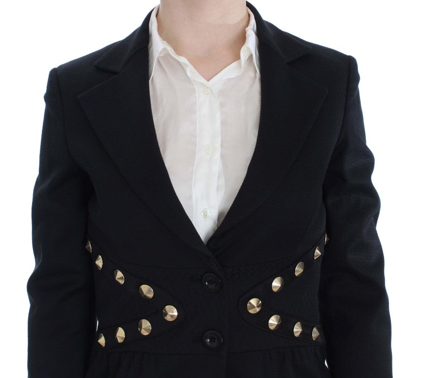 Chic Black Stretch Blazer with Gold Button Detail - ventzia