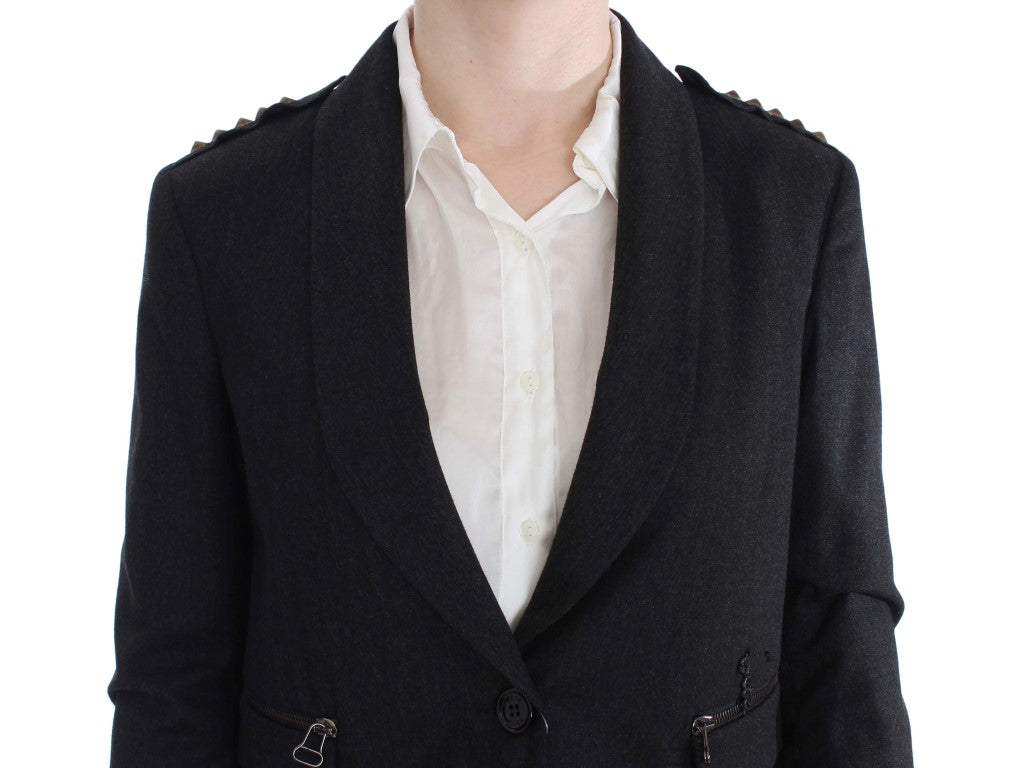 Elegant Gray Gold-Buttoned Blazer Jacket - ventzia