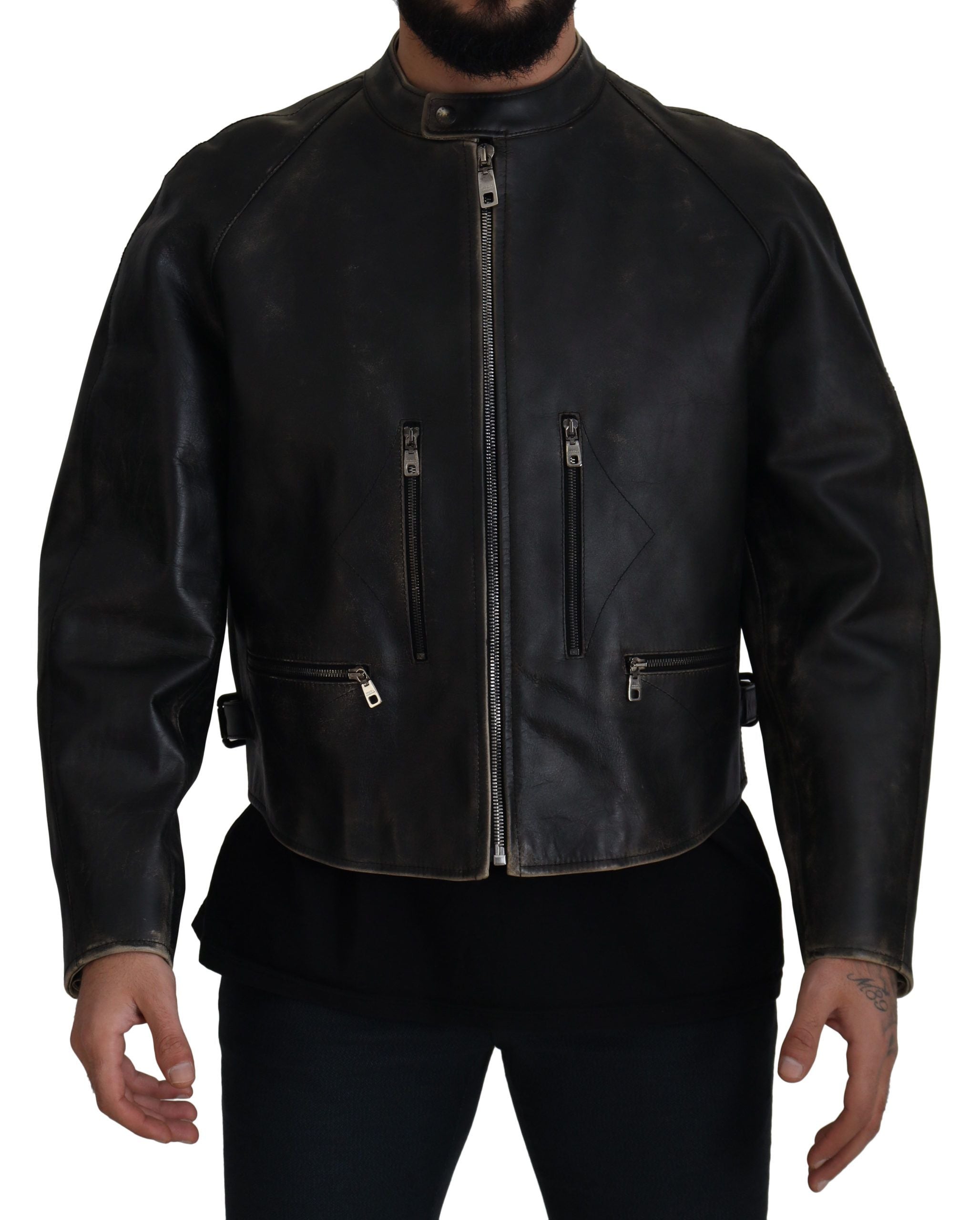 Black Leather Zipper Biker Coat Jacket - ventzia