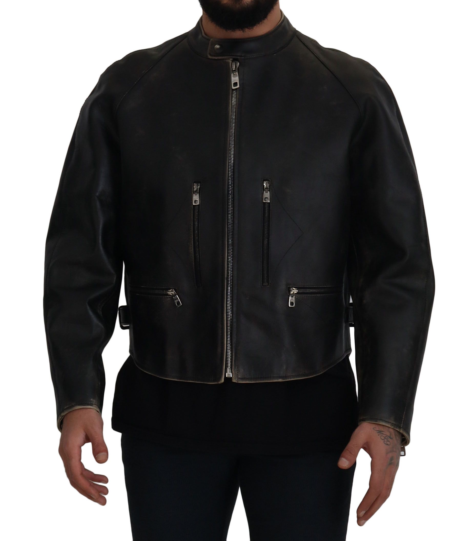 Black Leather Zipper Biker Coat Jacket - ventzia