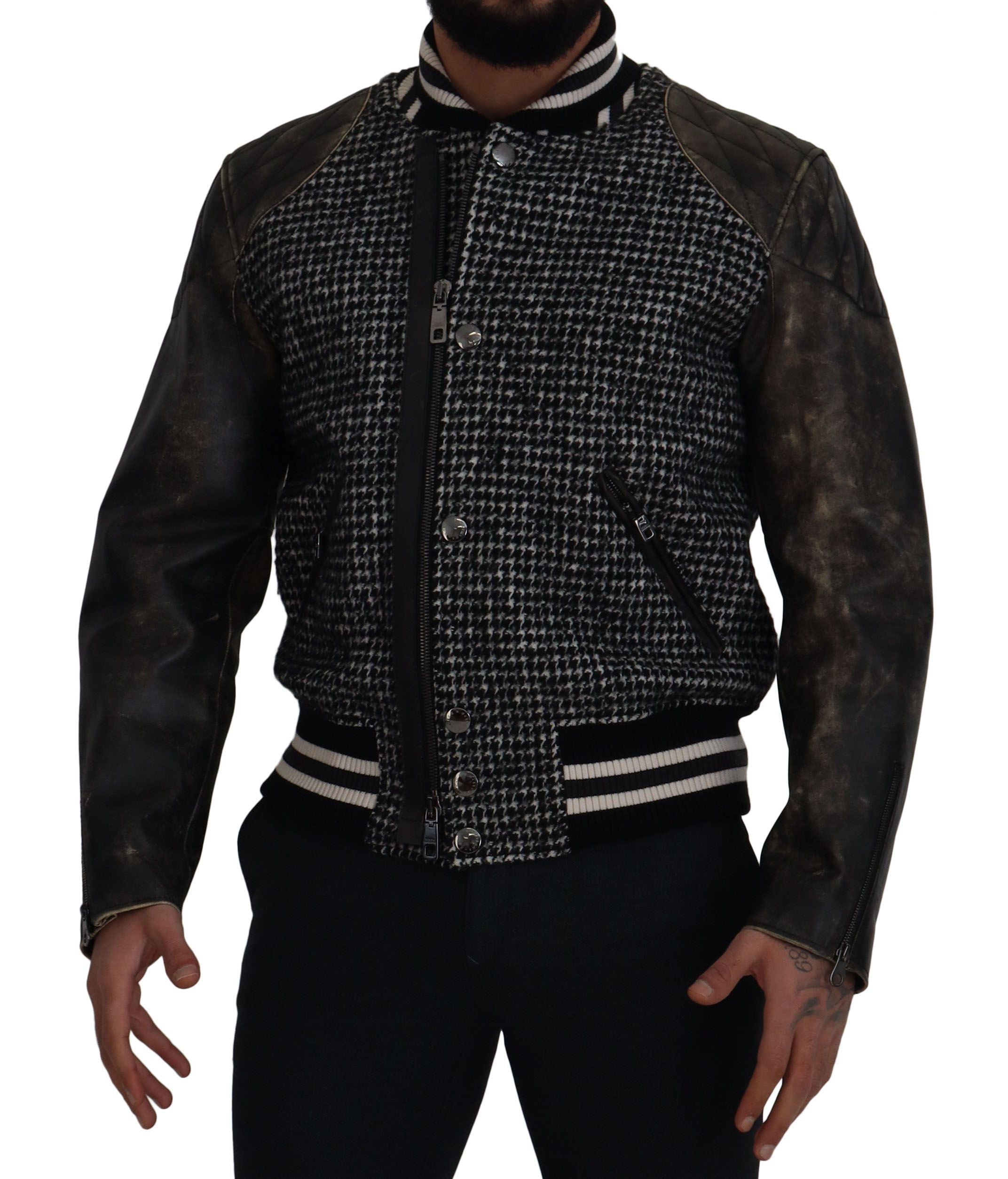 Black Houndstooth Polyester Bomber Jacket - ventzia