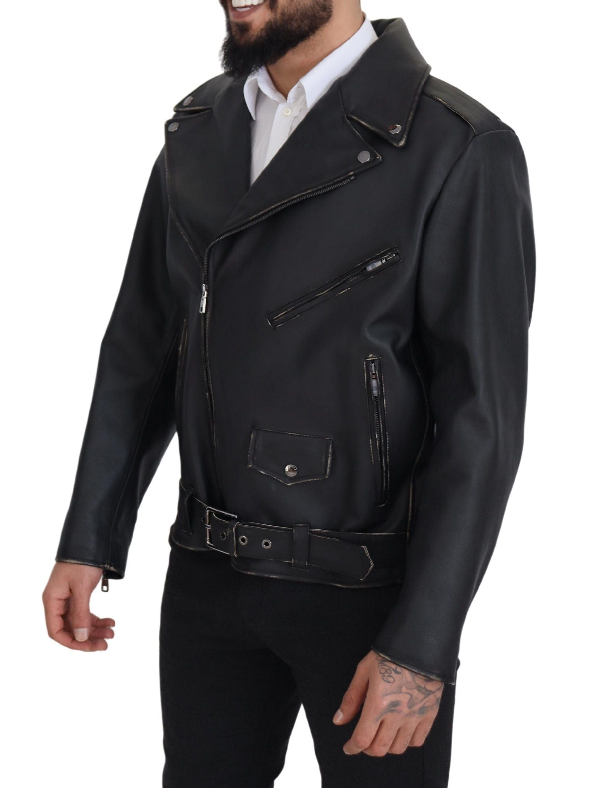 Black Leather Biker Coat Zipper Jacket - ventzia