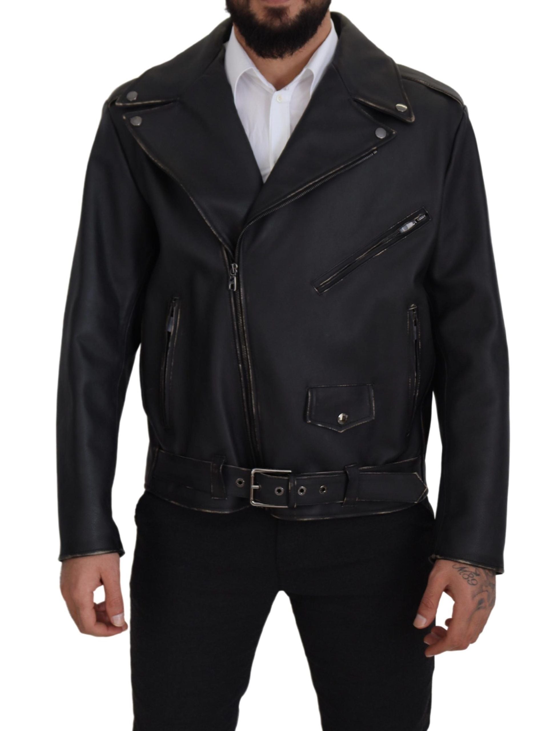 Black Leather Biker Coat Zipper Jacket - ventzia