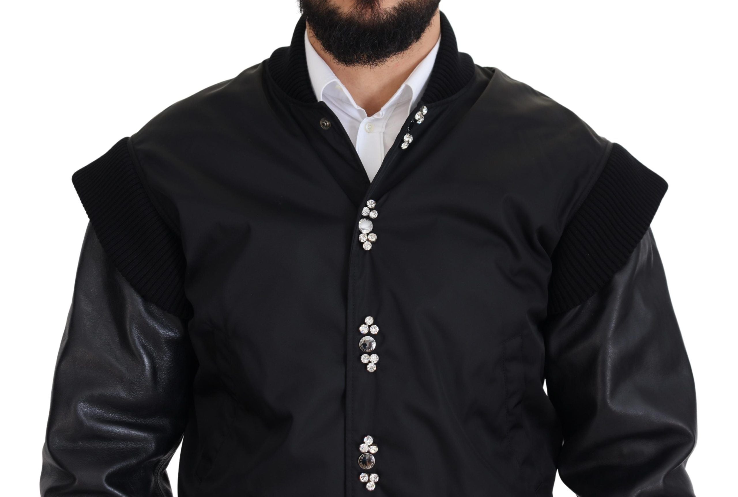 Black Nylon Crystals Coat Buttons Jacket - ventzia