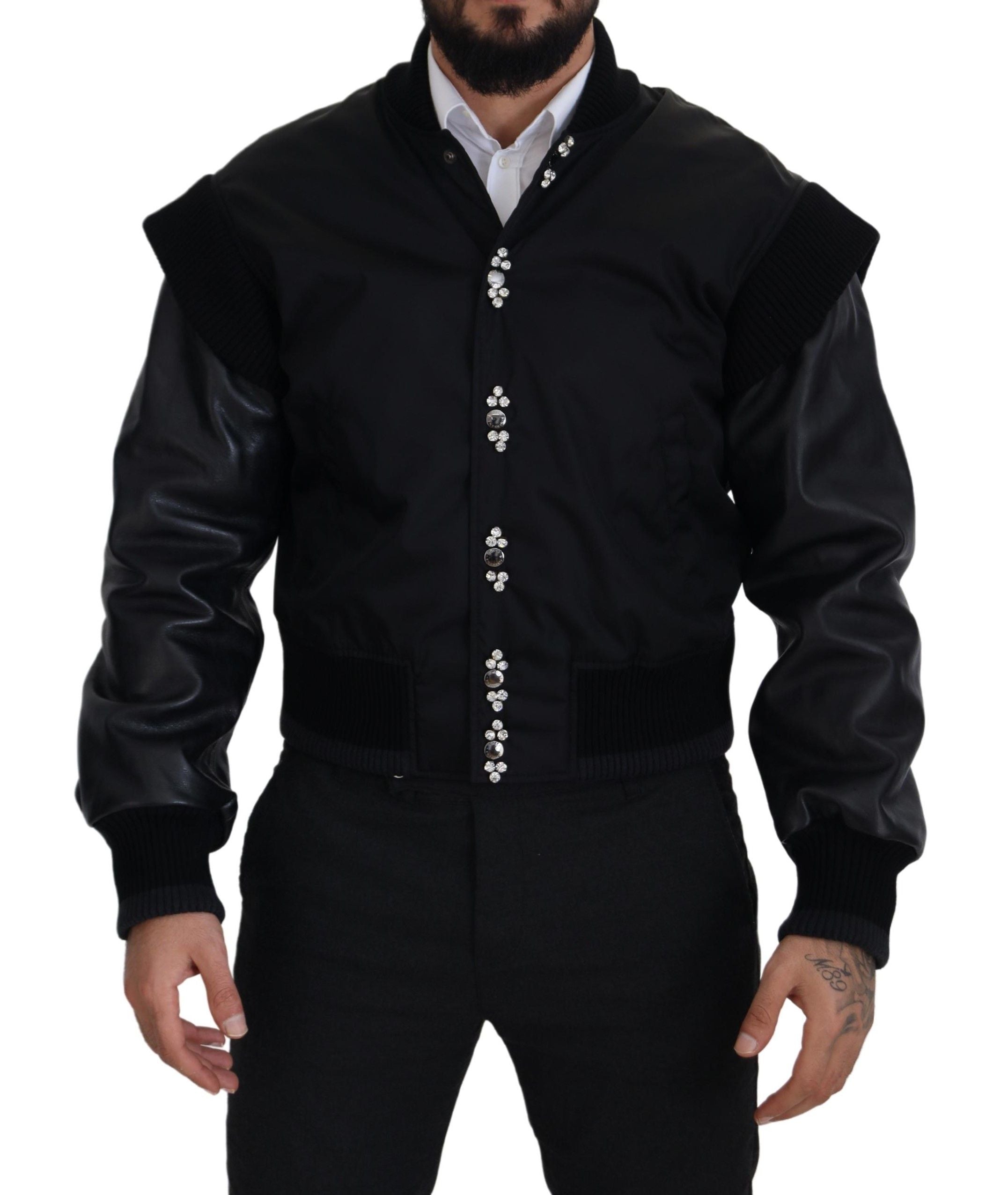 Black Nylon Crystals Coat Buttons Jacket - ventzia
