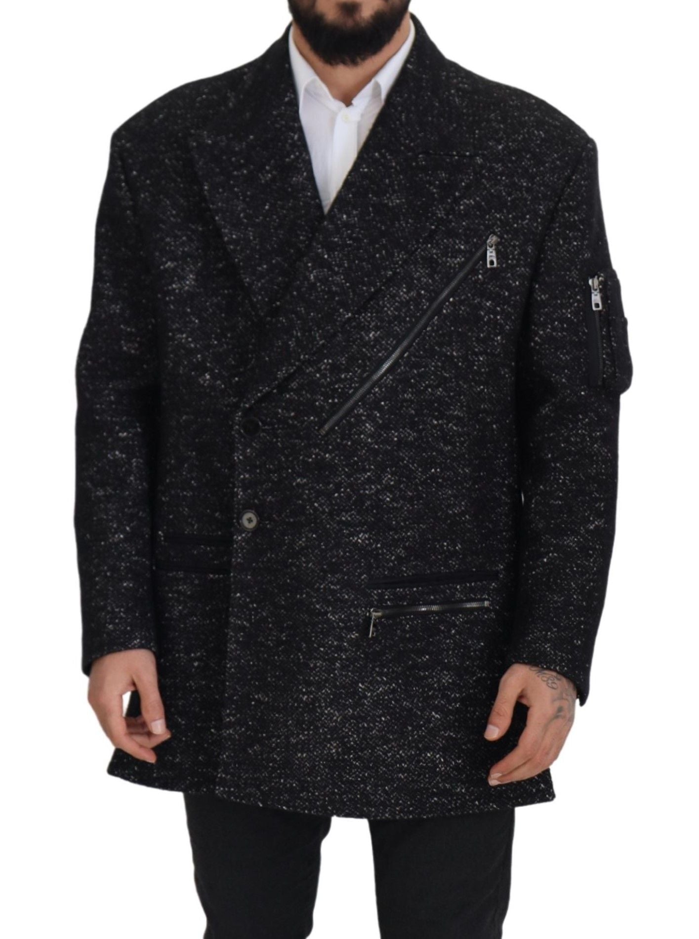 Black Wool Double Breasted Coat Men Jacket - ventzia
