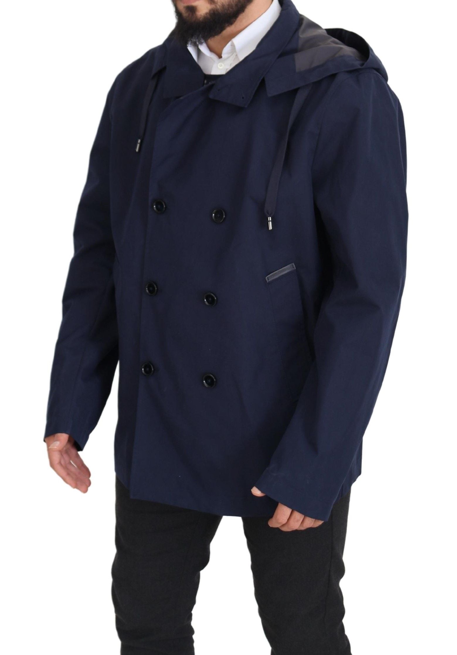 Blue Hooded Double Breasted Coat Jacket - ventzia