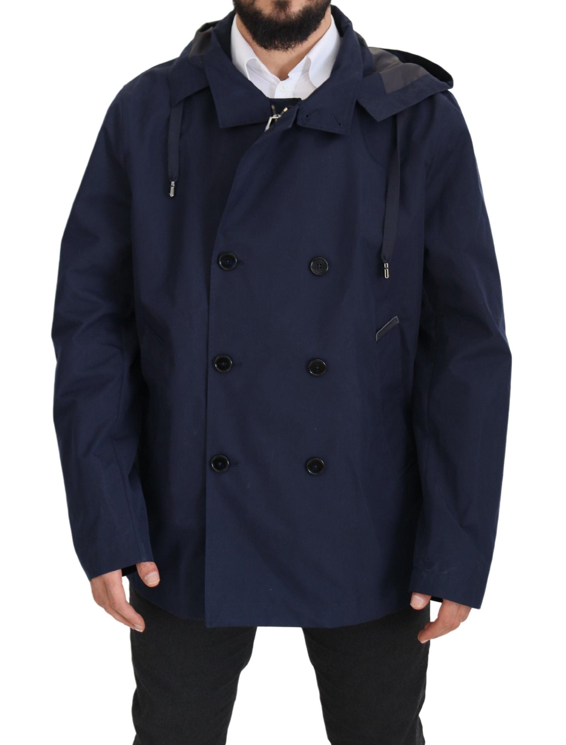 Blue Hooded Double Breasted Coat Jacket - ventzia