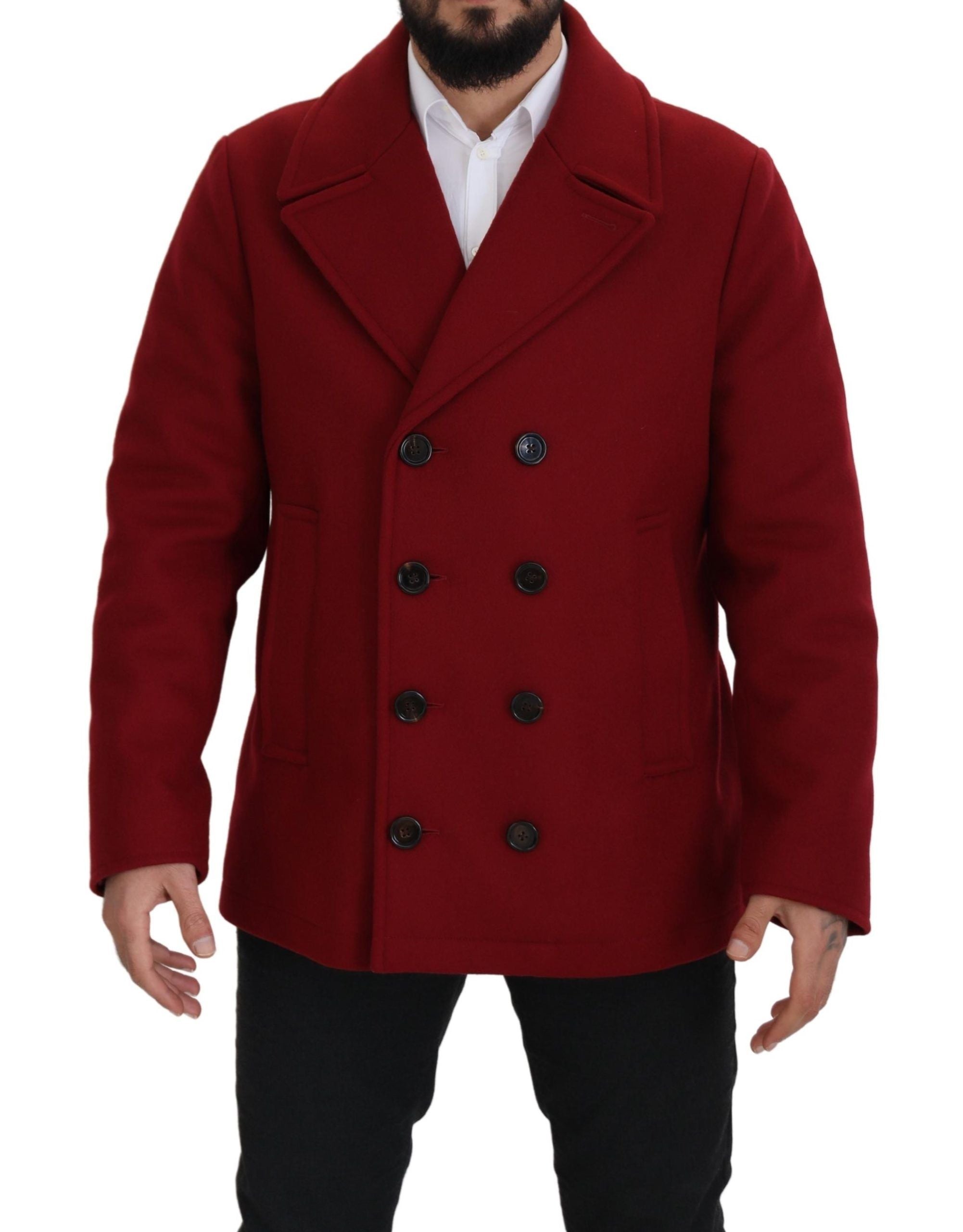 Red Wool Double Breasted Coat Jacket - ventzia
