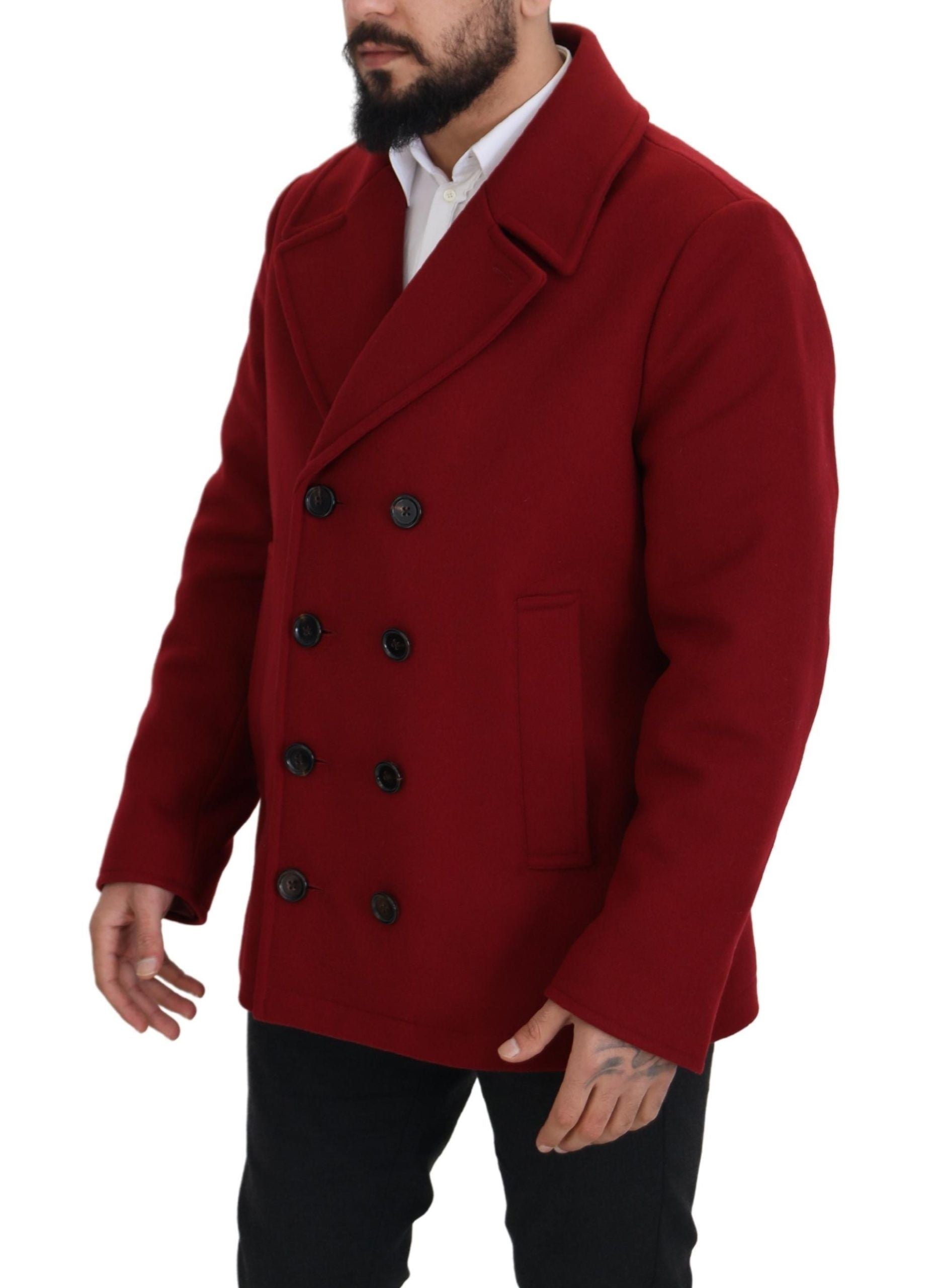Red Wool Double Breasted Coat Jacket - ventzia