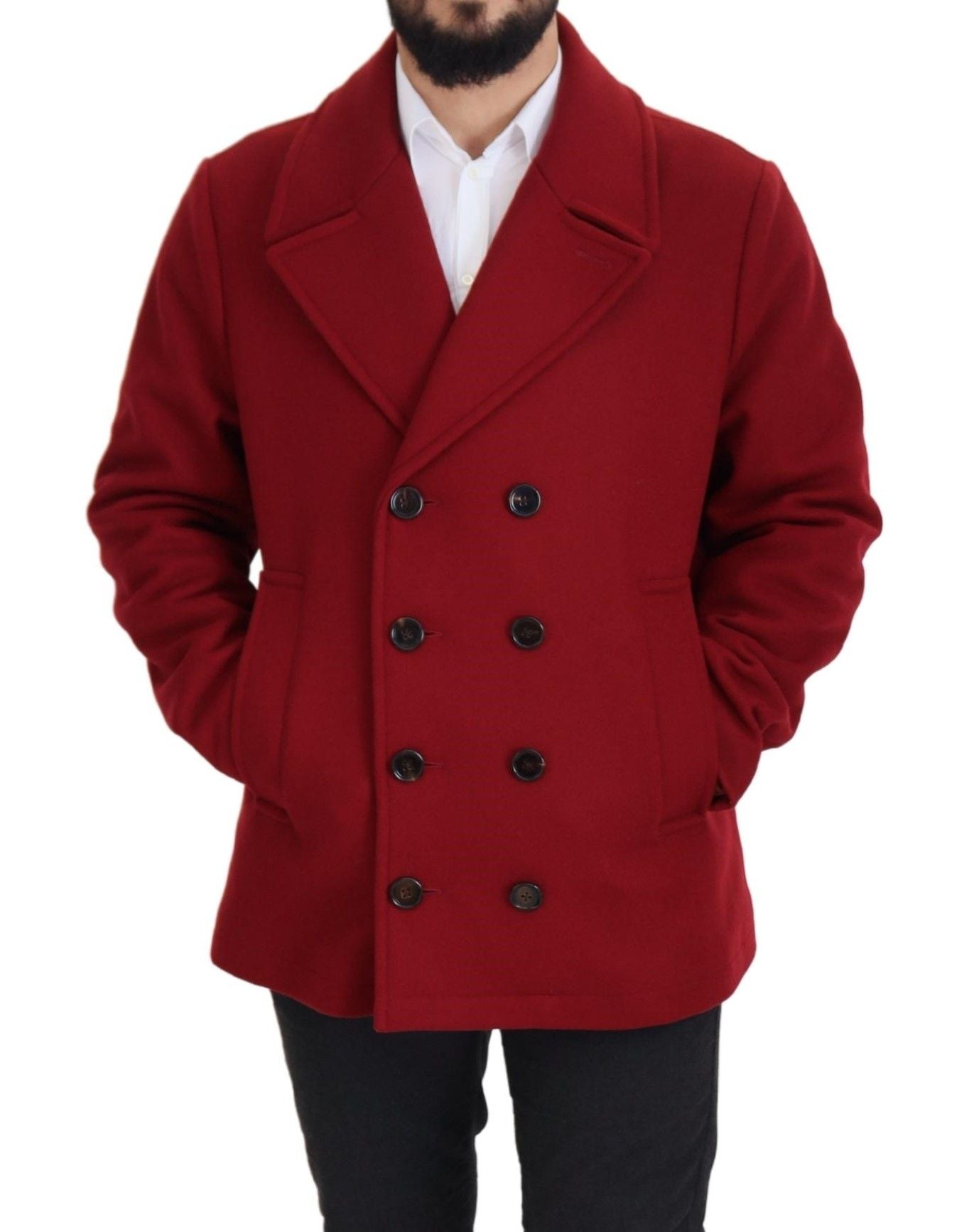 Red Wool Double Breasted Coat Jacket - ventzia