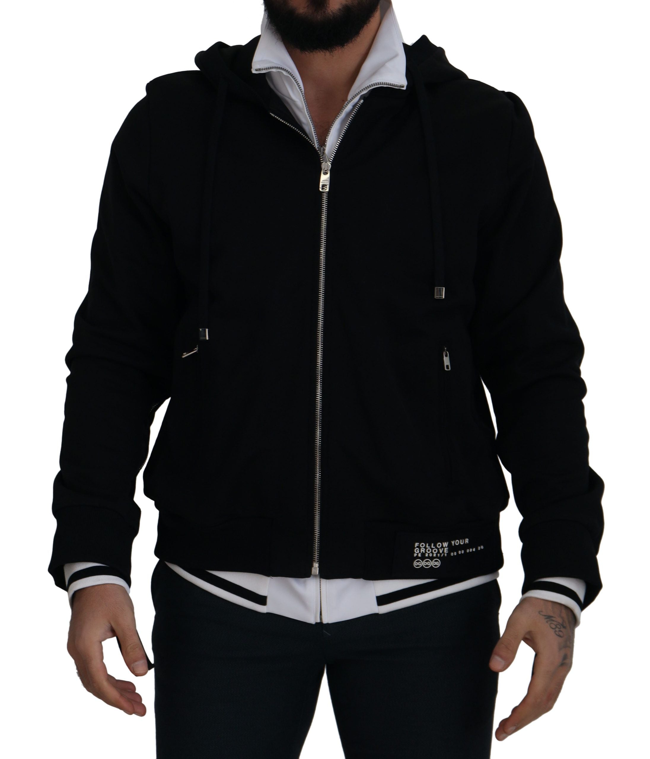 Black Polyester Hooded Full Zip Jacket - ventzia