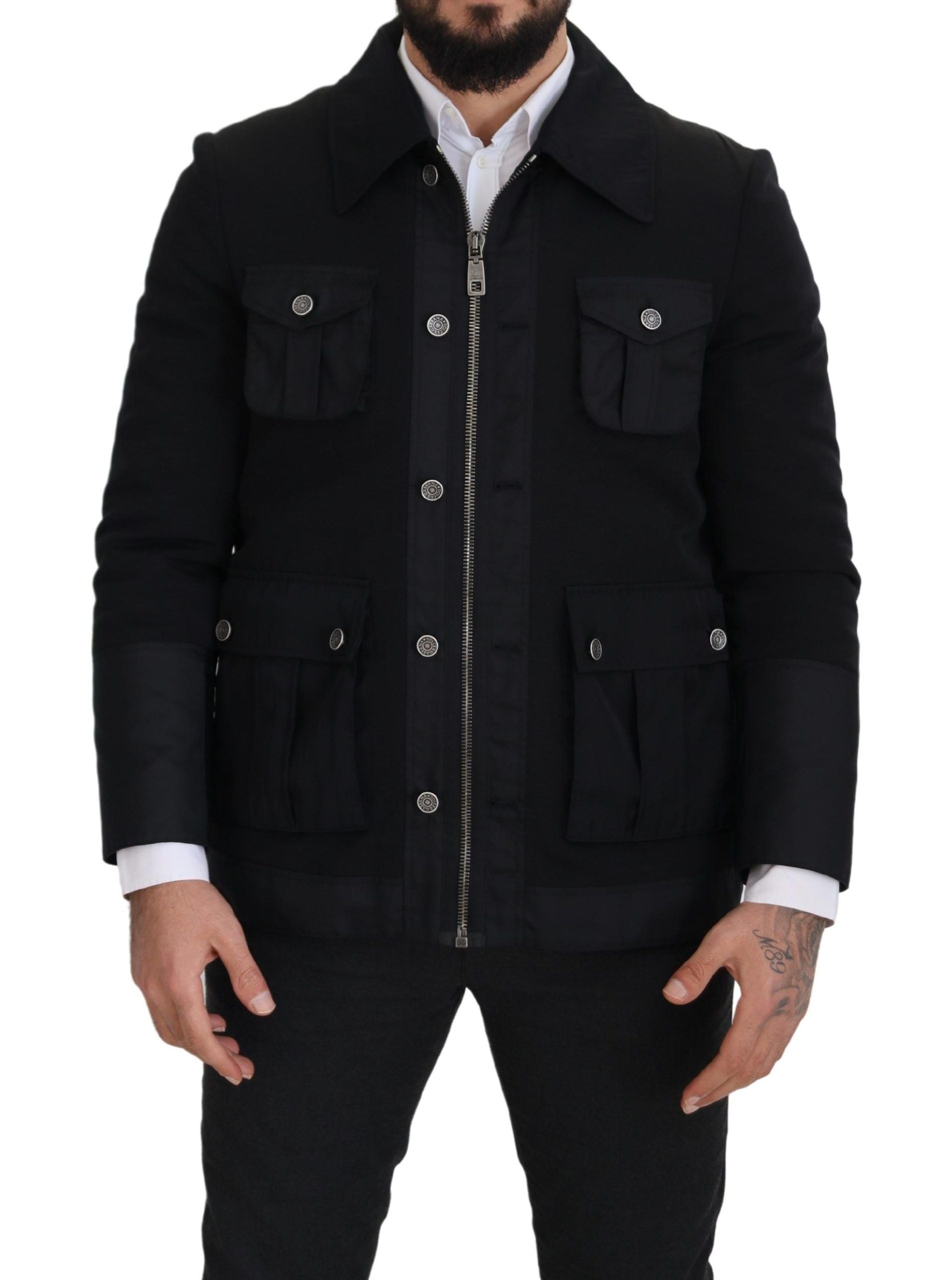 Black Wool Collared Full Zip Jacket - ventzia