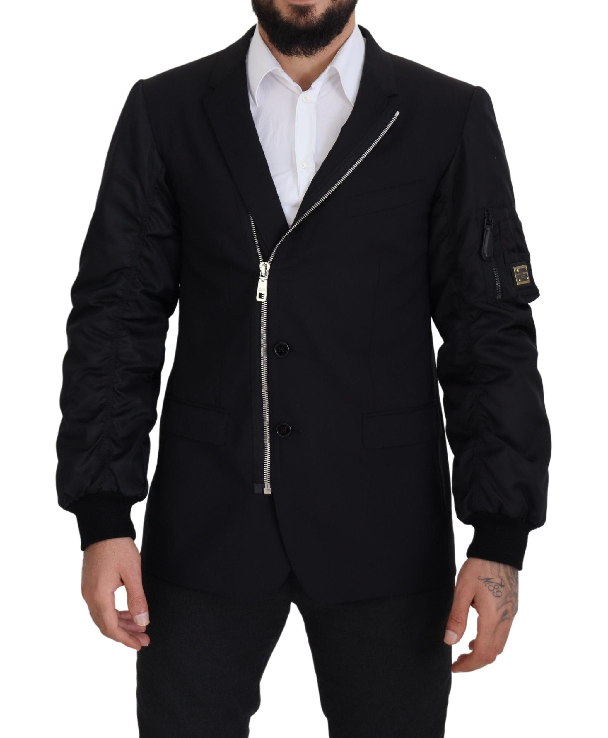 Black Wool Full Zip Long Sleeves Jacket - ventzia