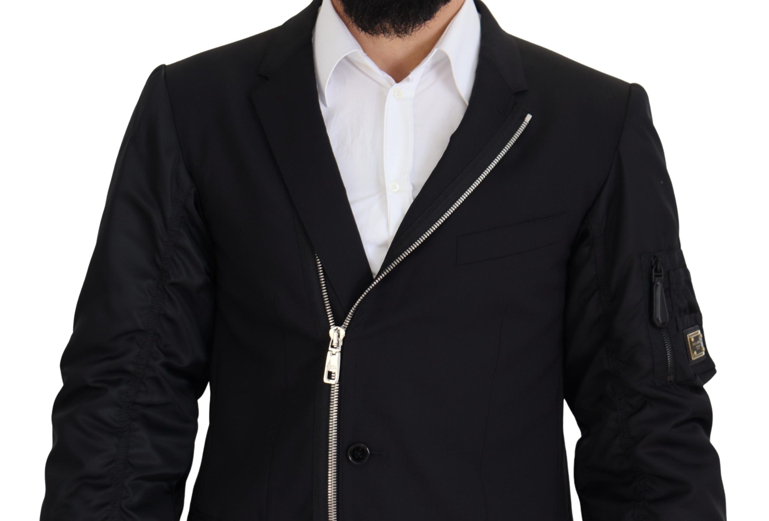 Black Wool Full Zip Long Sleeves Jacket - ventzia